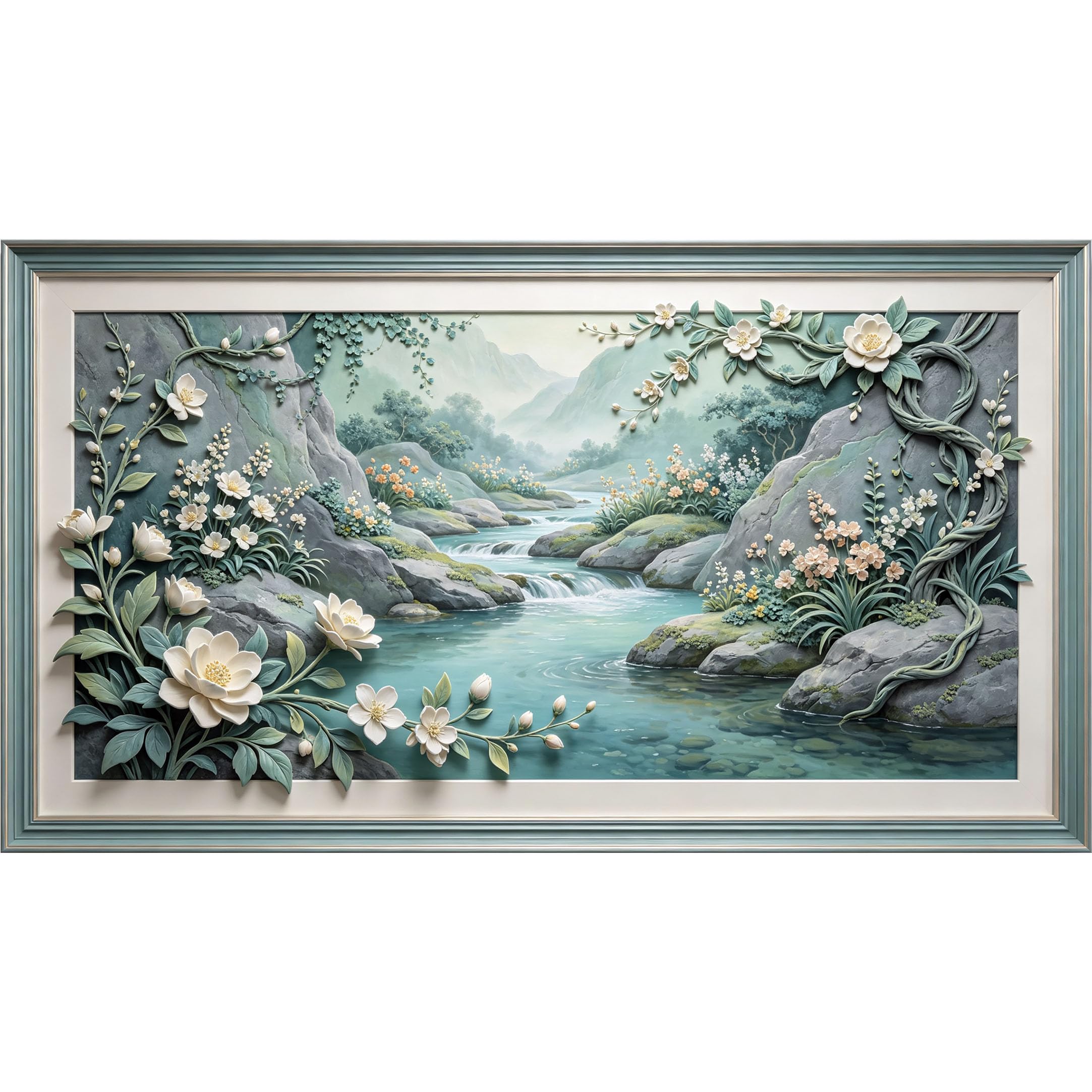 QZLITHOTIC 50×90cm3D Framed Wall Art， Botanical River Landscape 3D Trompe l'oeil Mural， Water?Activated Peel & Stick Fabric Decor Wall Decal for Bedroom Living Room