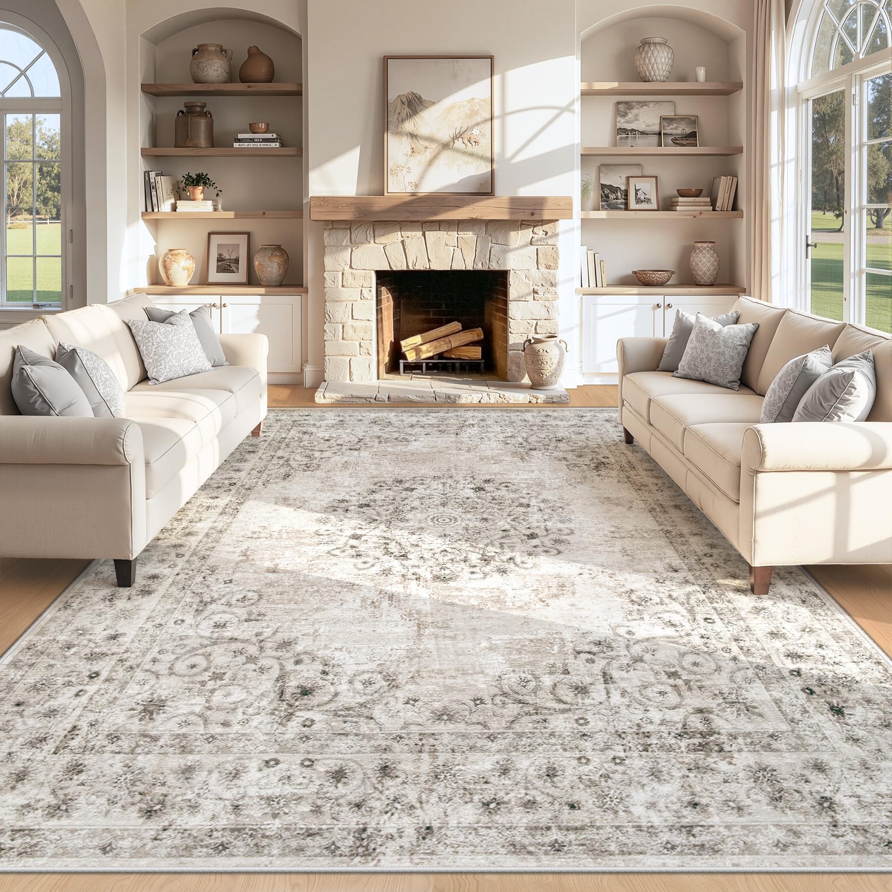 Area Rug 8x10 Vintage Rug: Large Washable Indoor Medallion Rugs Low Pile Distressed Floor Carpet Retro Accent Rug for Living Room Bedroom Kitchen