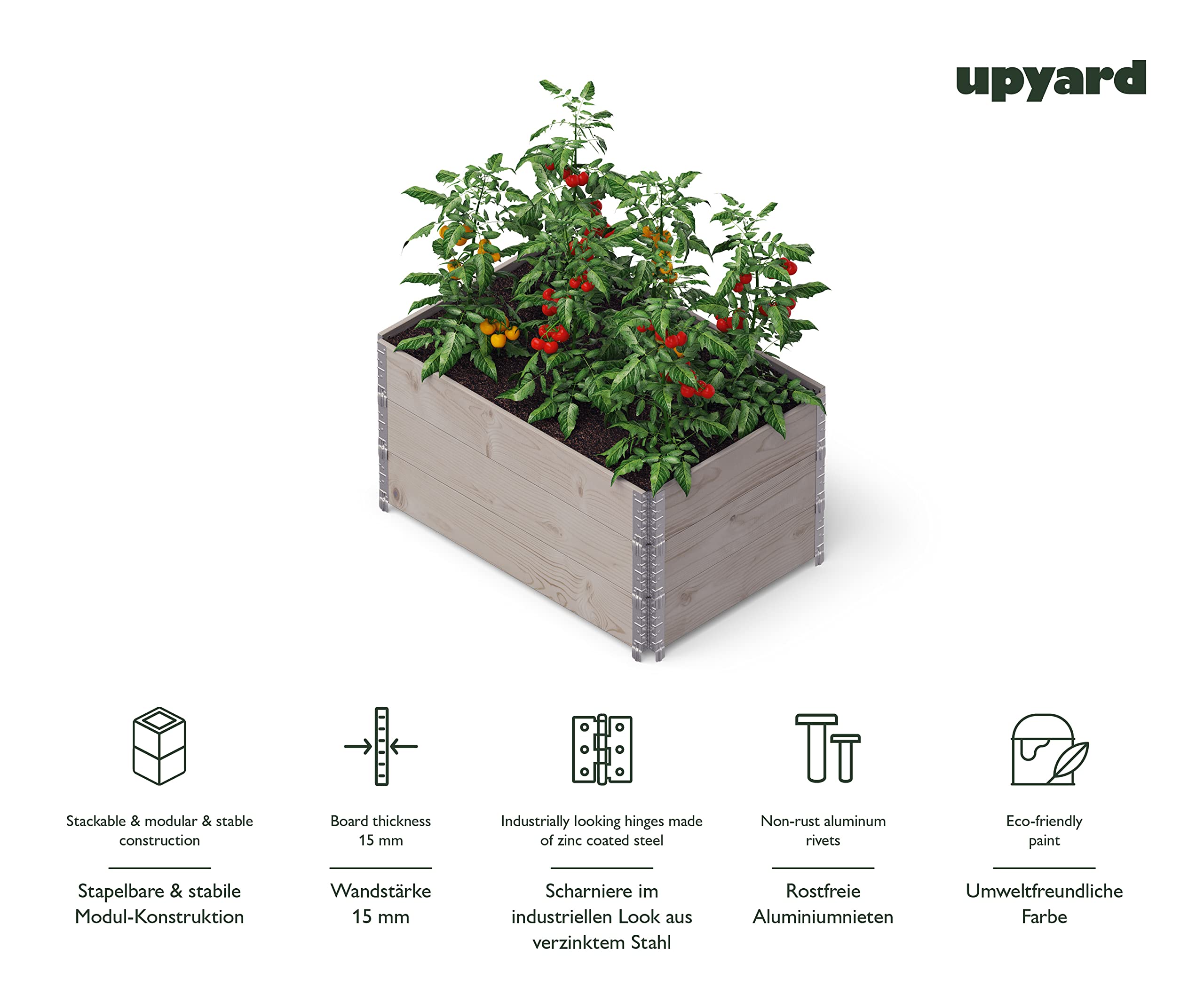 Upyard GardenBox Lot de 3 jardinières surélevées Modernes en Cadre de palettes - Plate-Bande surélevée modulaire en Bois Naturel pour Jardin et terrasse - Certifié PEFC - 120 x 80 x 58,5 cm - Gris
