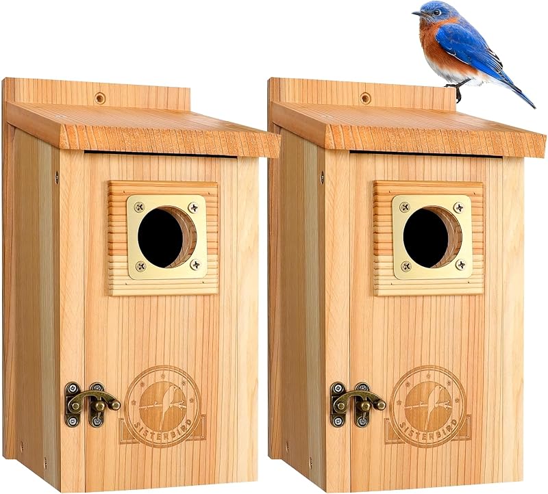 SISTERBIRD 2 Pack Bluebird Houses for Outside, Warming Gifts Bluebird House | Blue Bird Houses for Outdoors with Copper Guard, Garden Decoration Bird House, Bluebird Finch Swallow, Assembly Required