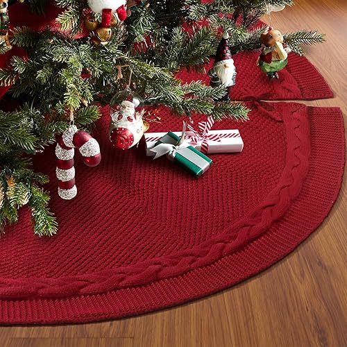 Falda de árbol de Navidad de punto de 48 pulgadas, falda de árbol de Navidad de punto trenzado rojo, decoración de falda de árbol de Navidad rústica disponible en Yaxa Peru