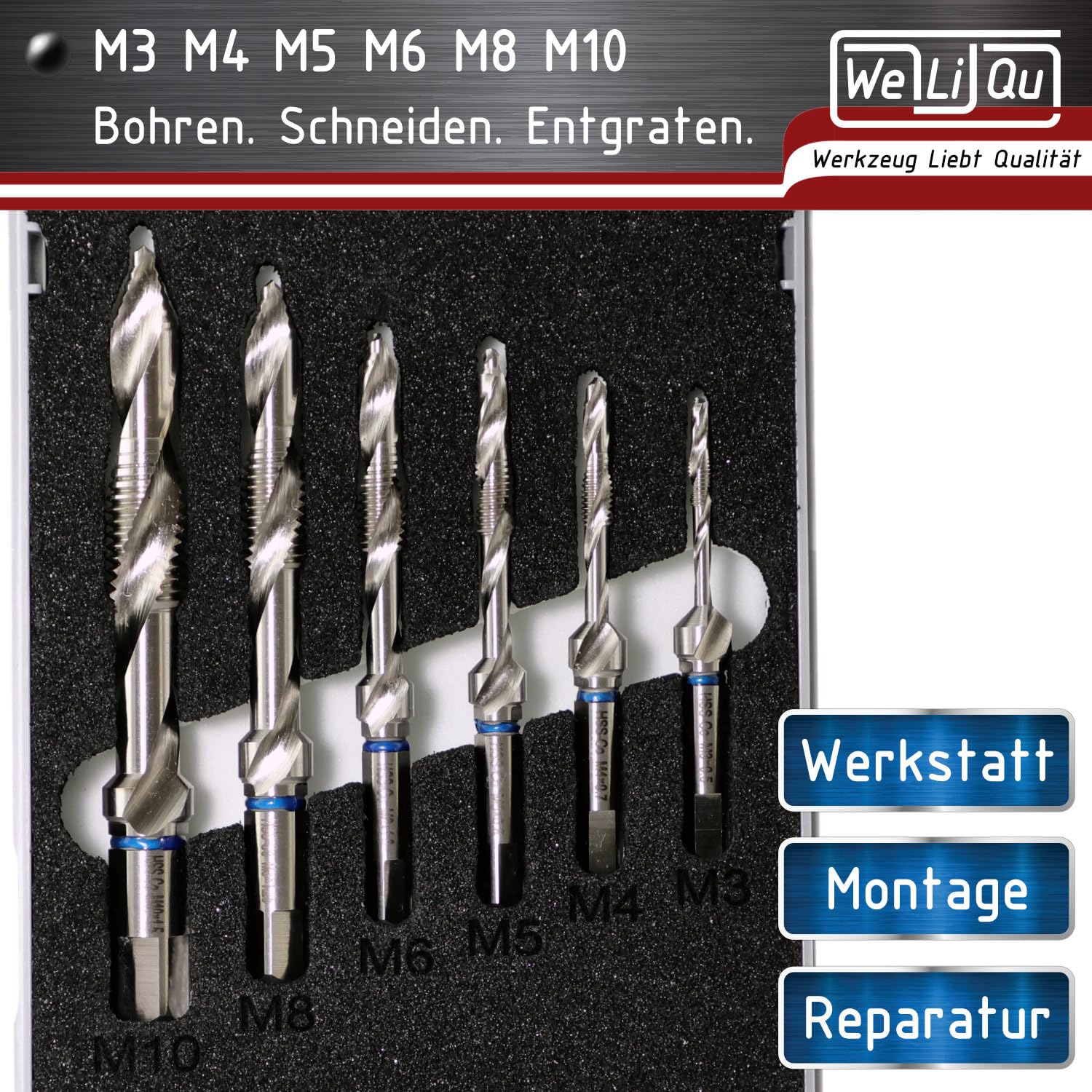 WeLiQu HSS-Co Step Point Kombi-Gewindebohrer Set 6-teilig M3 M4 M5 M6 M8 M10 - Bohrer, Gewindeschneider & Senker in Einem, für nahezu alle Werkstoffe, bis 2xD Materialstärke, ISO 2 (6H)