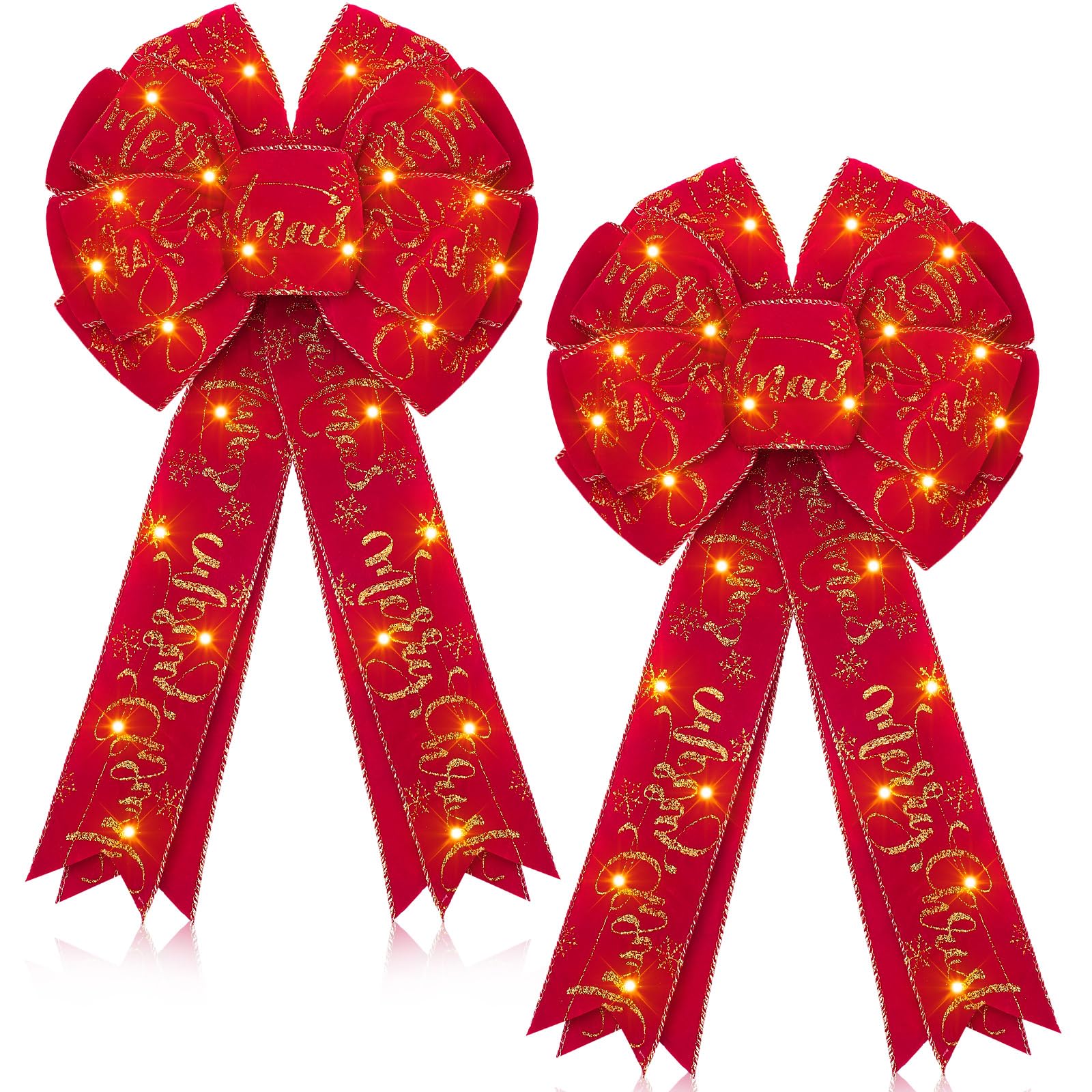 Wettal 2 Pcs Lighted Christmas Bows LED Tree Topper Decoration 18 x 10'' Large Glitter Xmas Wreath Bow Winter Front Door Ornaments for Wreath Indoor Outdoor Party(Red, Classic Style)