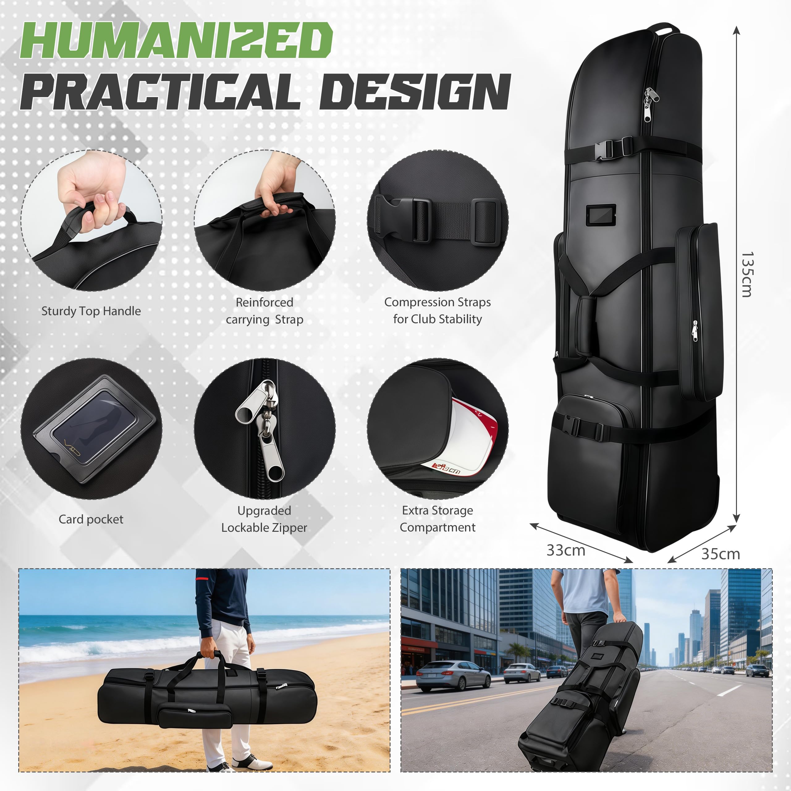 Golf-Reisetasche mit Rollen, Verdicktes Wasserdichtes 900D Heavy Duty Oxford-Gewebe Golf-Flightcase mit Golfball-Reinigungstasche, Golfschlägertasche, Reisetasche für Flug und Fluglinie, Schwarz