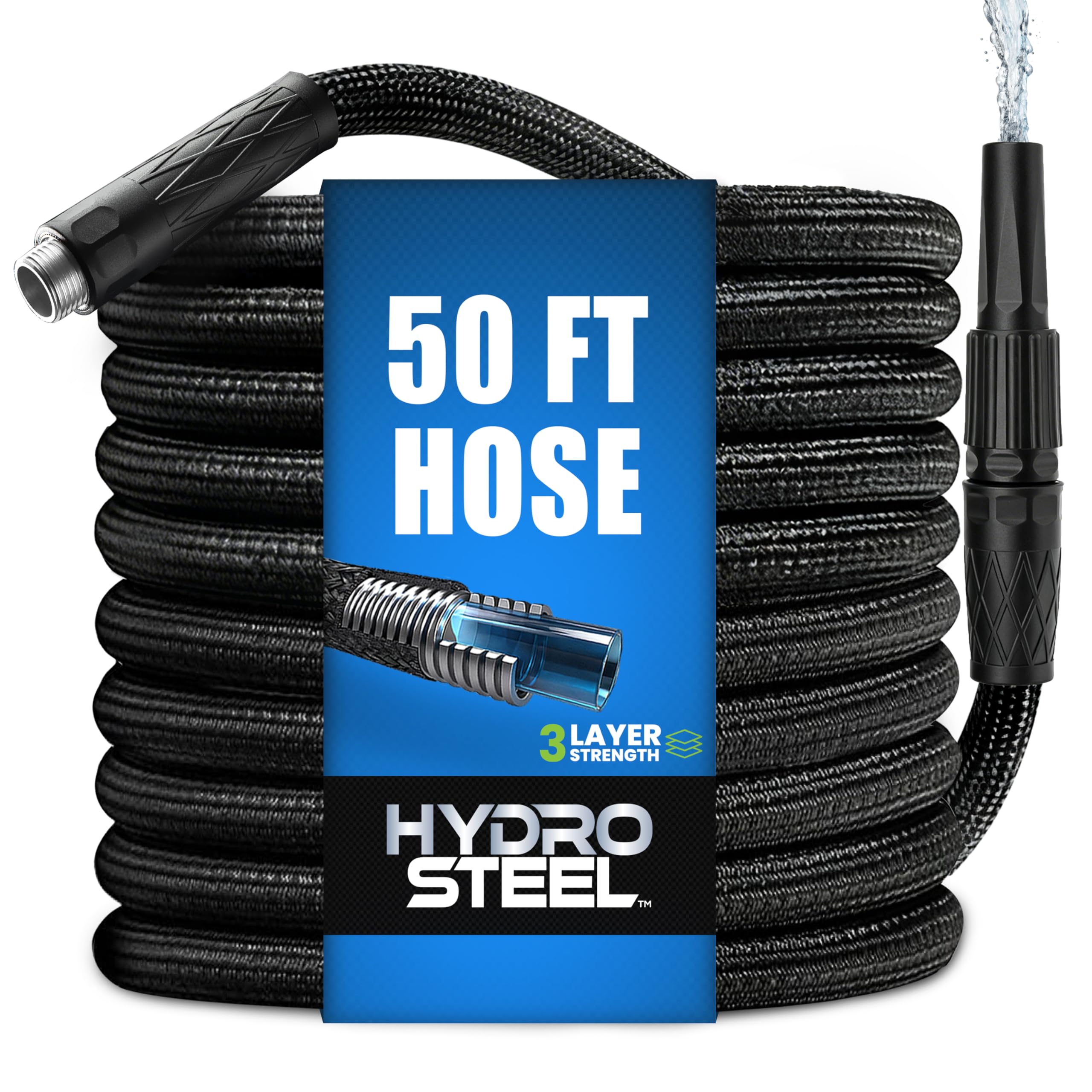 EMSON Hydrosteel Pro 50 Ft 3X Layer Metal Garden Hose with Nozzle, Stainless Steel, Heavy Duty, Flexible, Lightweight, Crush Kink Resistant, 50 Ft Garden Hose, 500 PSI