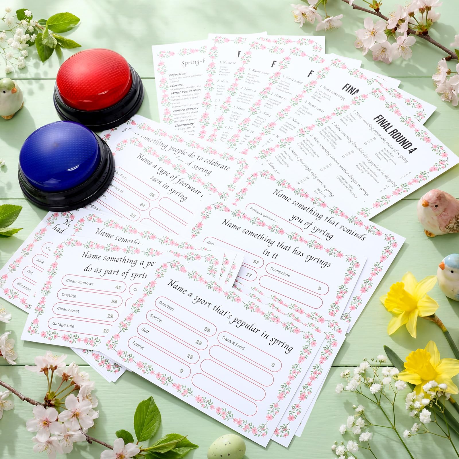 Juego de feudo amigable con la primavera con zumbadores de 2 respuestas, tarjetas de enemistad florales para juegos familiares, diversión nocturna, cuestionario de trivia para fiestas, oficina