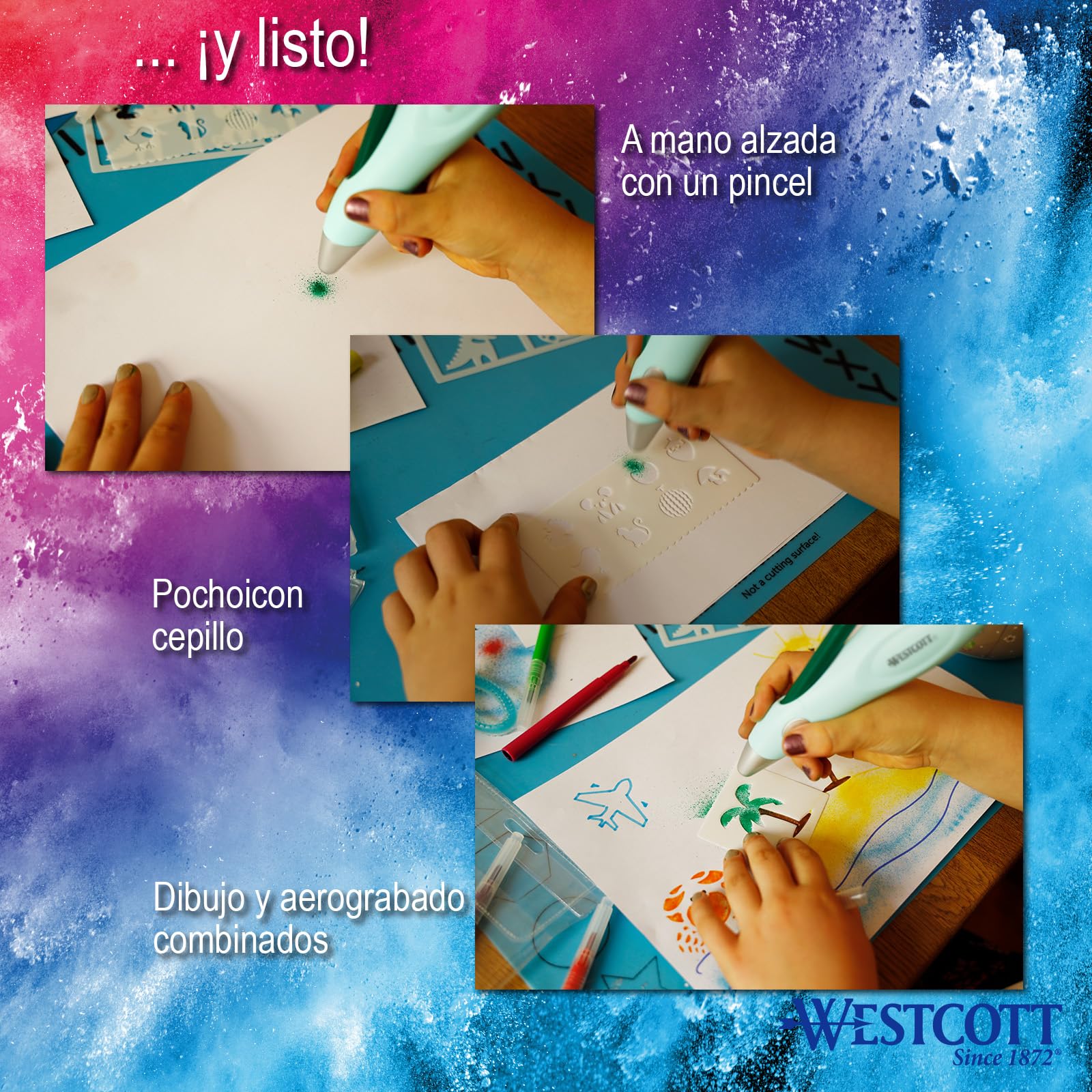 Westcott set de aerografía para niños | Spray de pintura eléctrico en set de iniciación con 12 rotuladores y 19 plantillas | Con batería recargable y cargador USB | E-16800 00