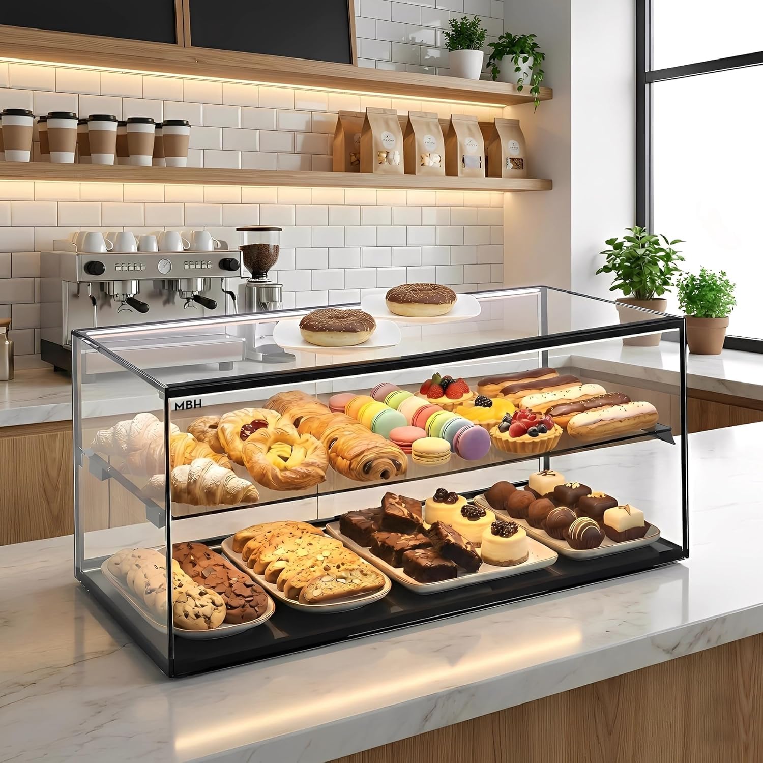MBH - Vitrina Expositora Neutra de Sobremostrador 92x33 cm, Cristal Recto Templado, 2 Pisos, con Iluminación LED, Puertas Traseras Correderas, para Bar, Cafetería, Restaurante, Bollería y Repostería.