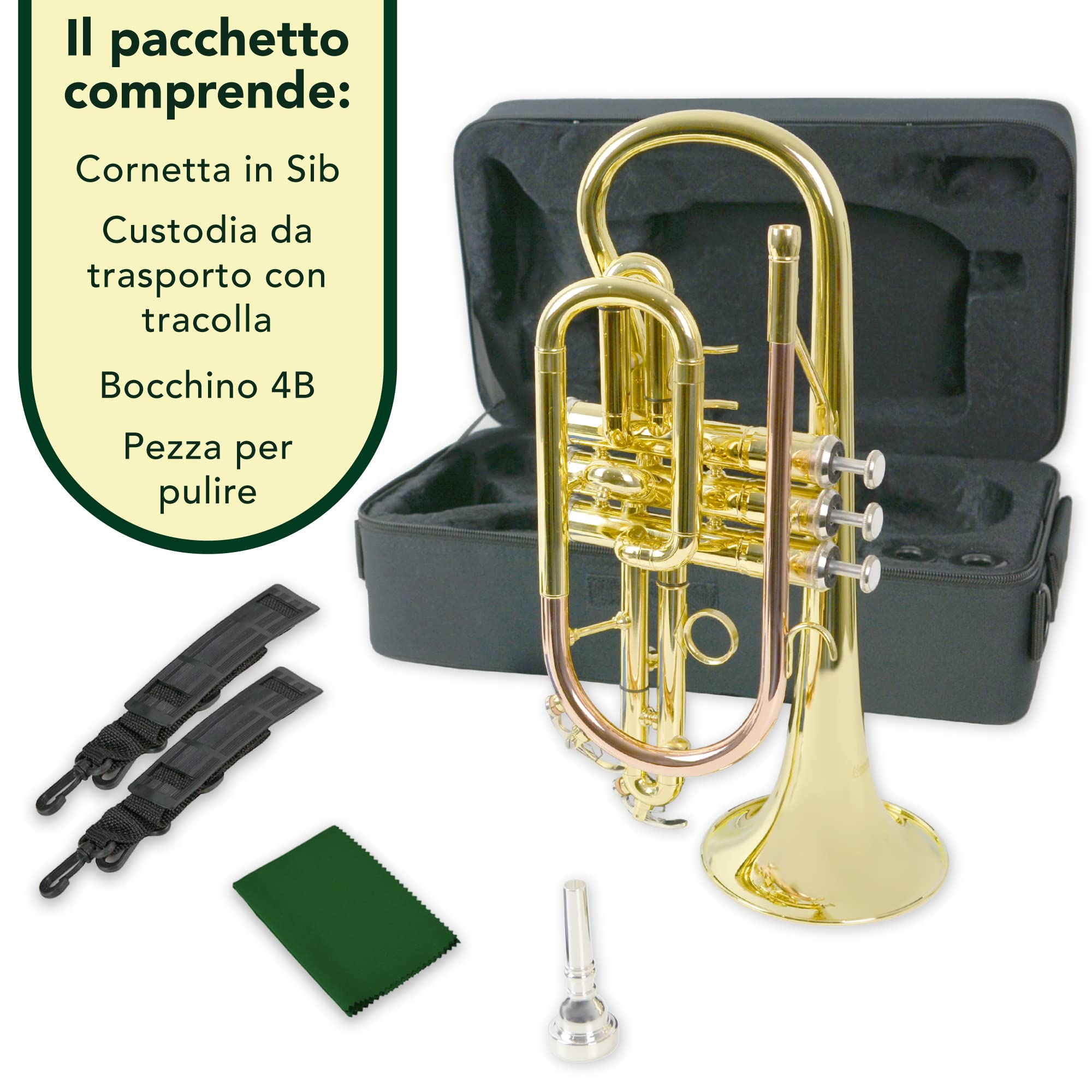 Montreux Student Cornet Sib per Principianti con Custodia Protettiva Leggera, Bocchino - Ottone Laccato, Campana 4,75"/12 cm, Si Bemolle