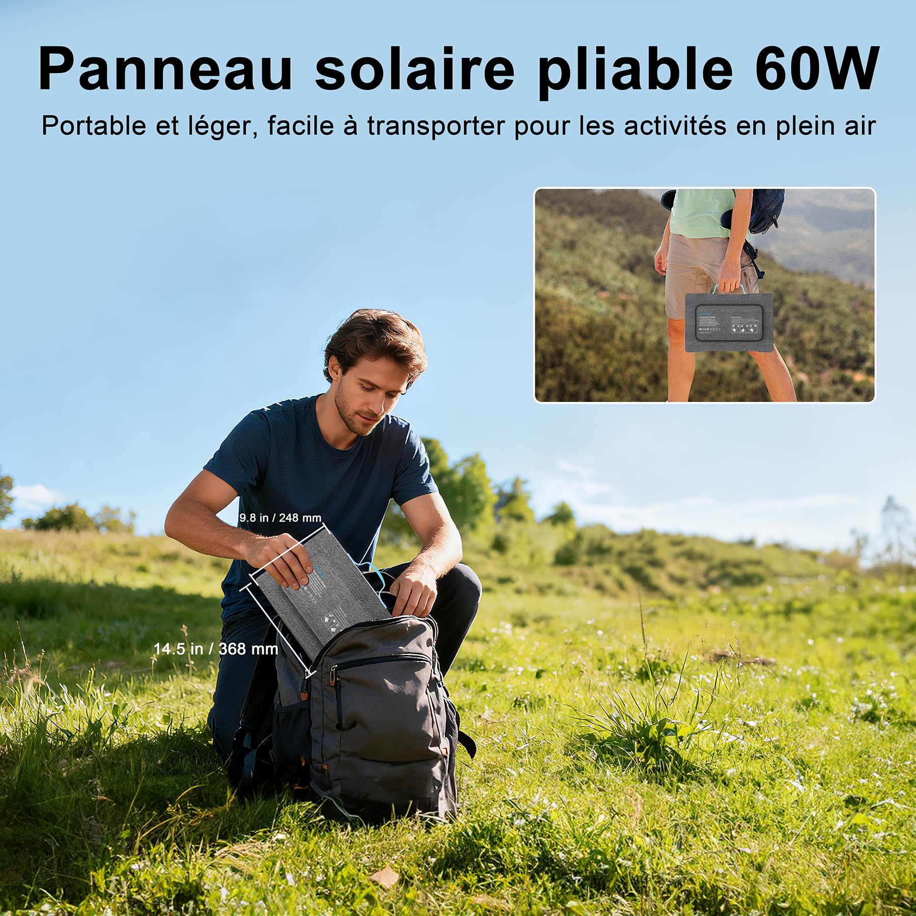 Składana ładowarka solarna 60 W, monokrystaliczna o sprawności 24%, wodoszczelność IP67, 3 wyjścia (USB-C PD, QC3.0, DC) na kemping – kompatybilna z laptopem, powerbankiem, smartfonem