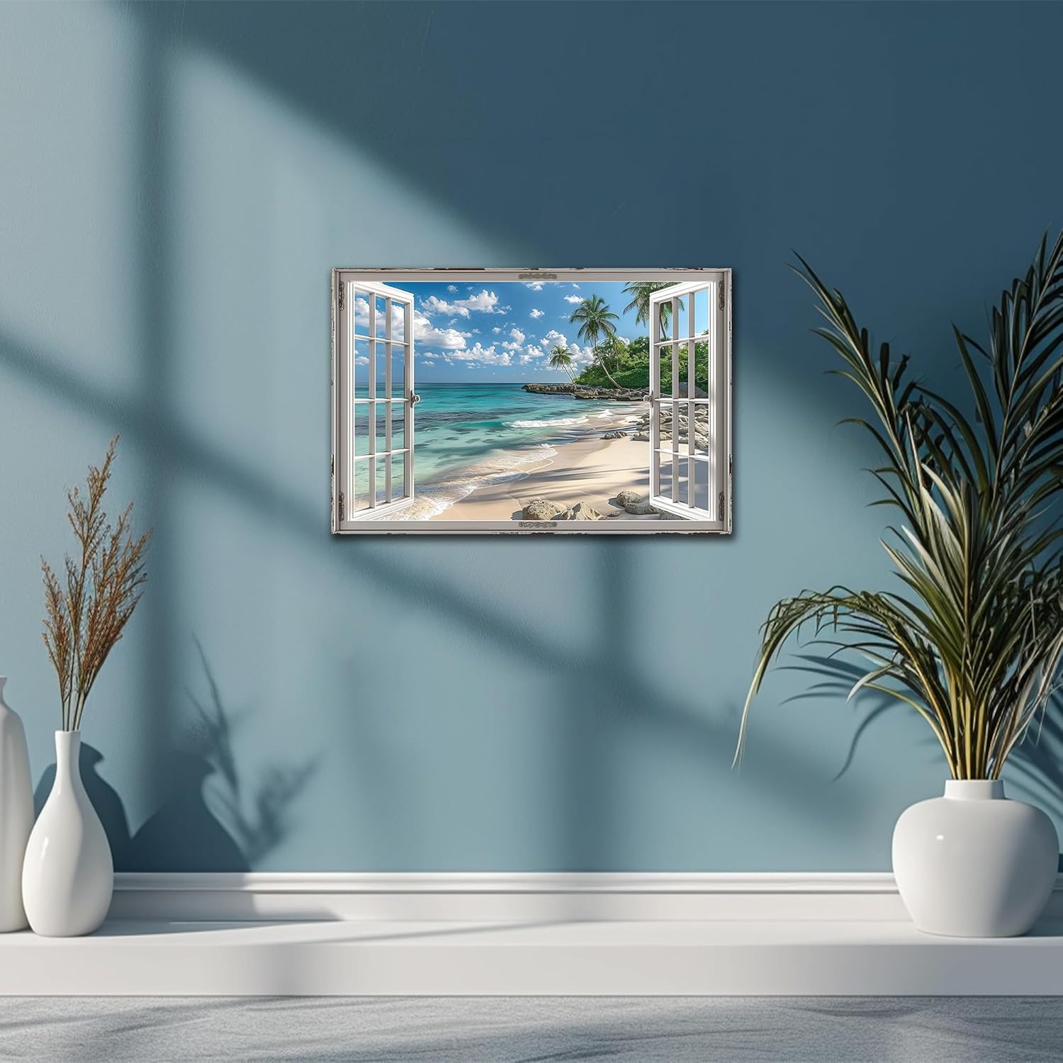 Beach Pictures Wall Art Decor - Blue Ocean Painting, White Window Frame Style Palm Trees Canvas - 12"x18" for Living Room, Bedroom & Offices