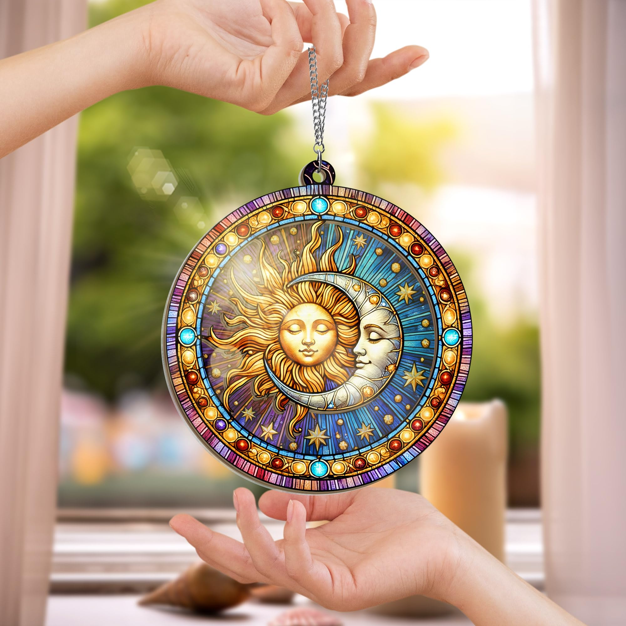 OASSIE Spiritual Gifts for Men Women - Double Layered Hanging Suncatcher 6 in - Sun and Moon Decorations, Birthday Gifts for Mom Dad Family, Friend, Celestial Boho Home Décor