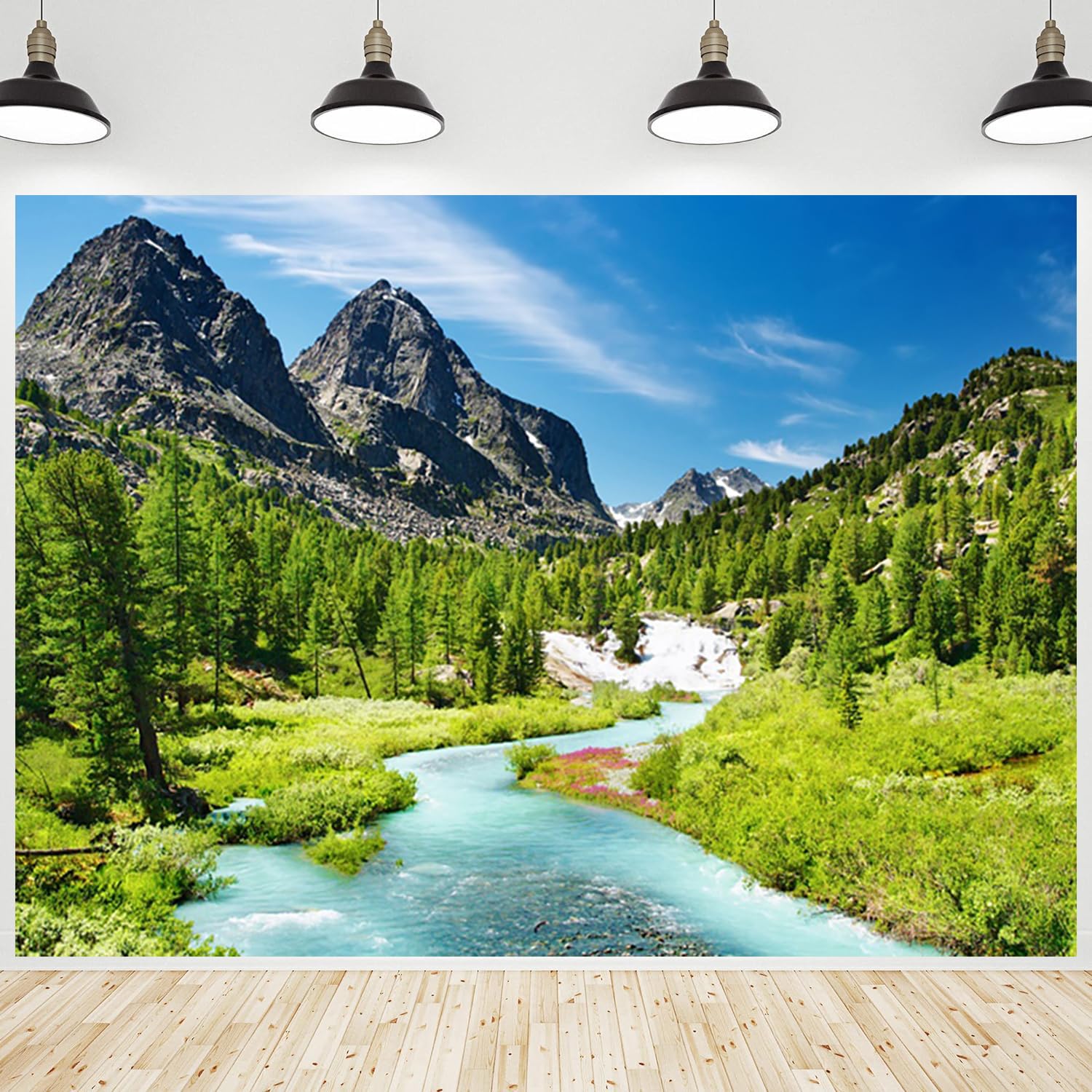 CRTPOD Mountain Backdrop Blue Sky Trees Forest River Landscape Nature Scenery Photography Background for Portraits Party Decorations Banner Wallpaper