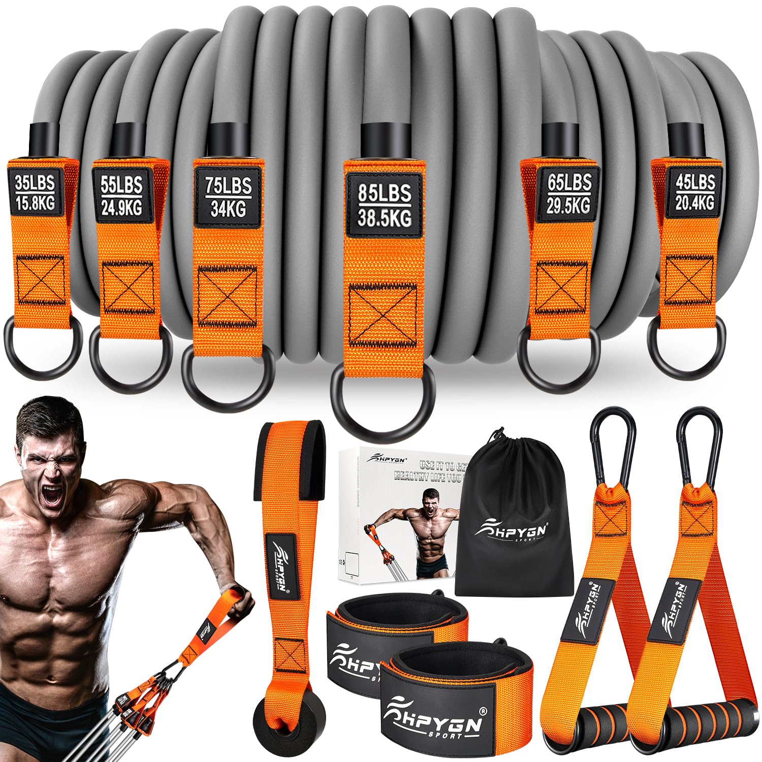 HPYGN 300lbs, fasce di resistenza per fitness, fasce di resistenza, set di fasce di resistenza con maniglie, cinghie alla caviglia e ancoraggio, zaino portatile, per interni, palestra e attività