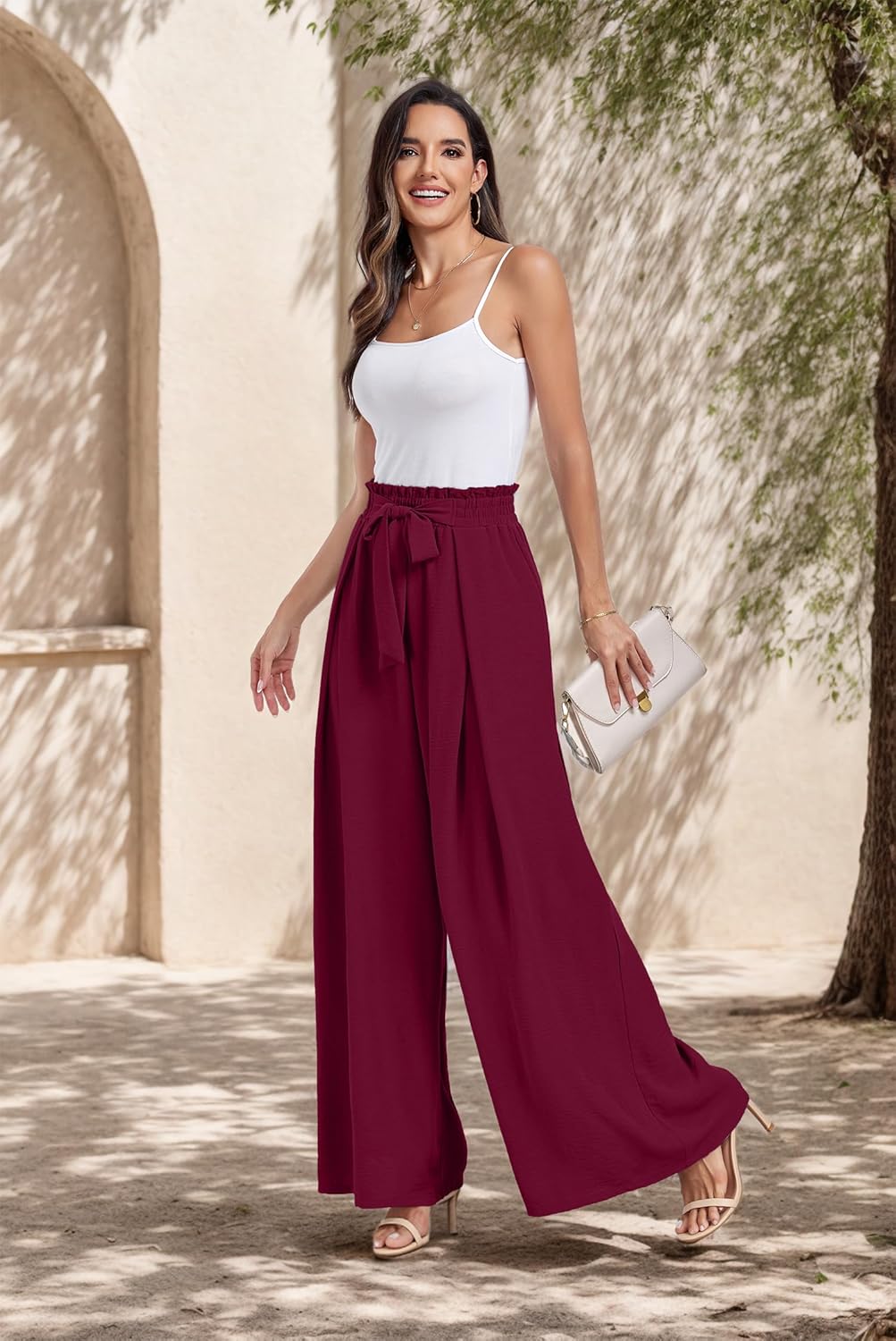 Lepunuo Wide Leg Pants for Women High Waisted Palazzo Pants Work Casual Flowy Tie Knot Trousers with Pockets - Image 2