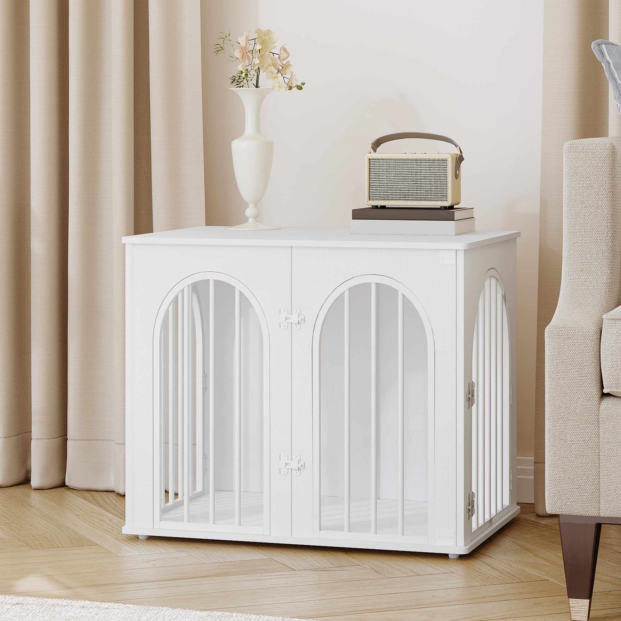 Hzuaneri 68 cm Gabbia per Cani, Tavolo Supplemento, Cuccia Moderna per Cani Interno, Gabbia per Cuccioli, Casetta per Animali, 3 porte, Porta ad arco, 49 x 68 x 56 cm, Bianco DFC85513W