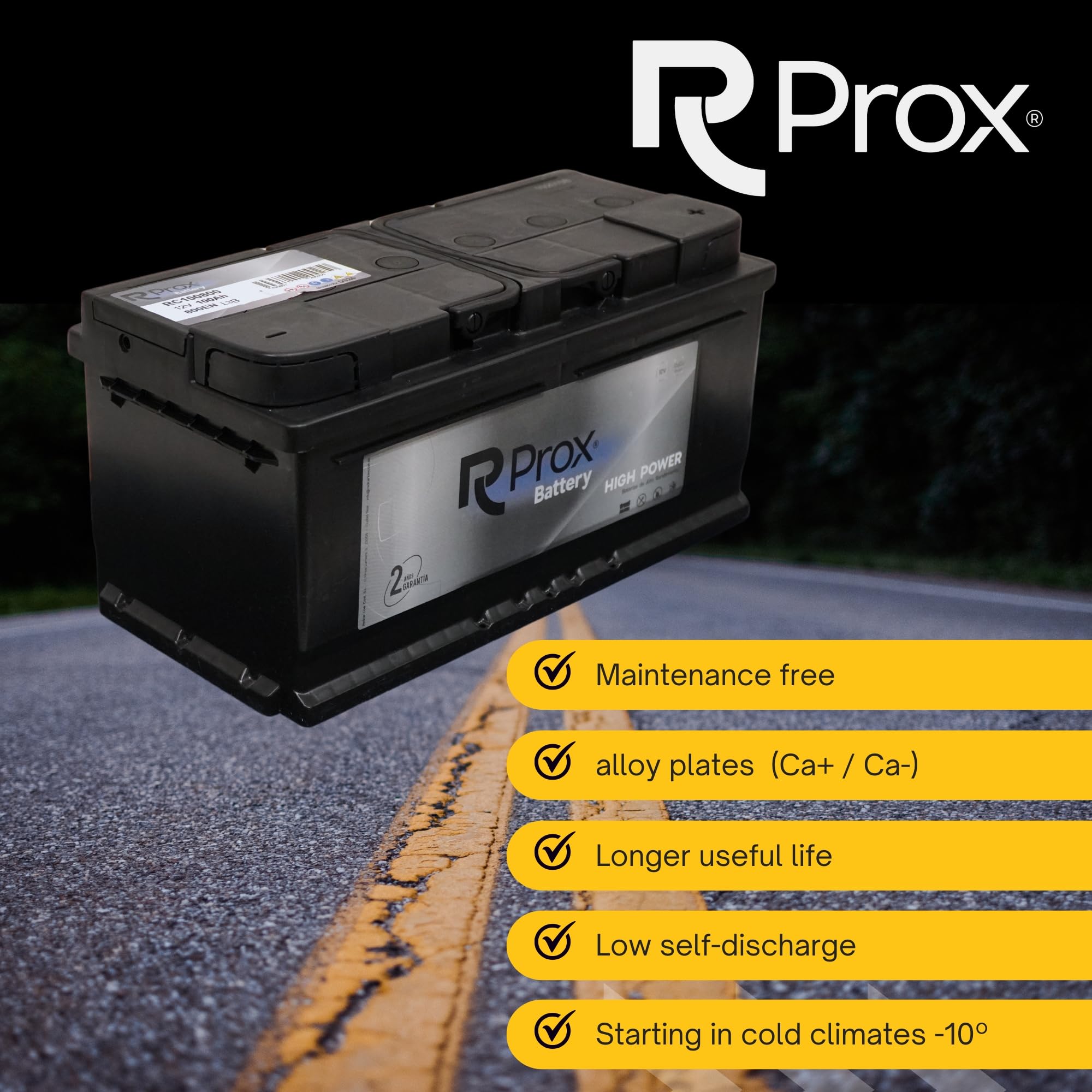 Batería de coche 100Ah 800 Amp + 20% de Potencia de Arranque. 24 Meses de Garantía. Primer Fabricante Lider Europeo. Medidas: 352 X 175 X 190. Borne Positivo Derecha.