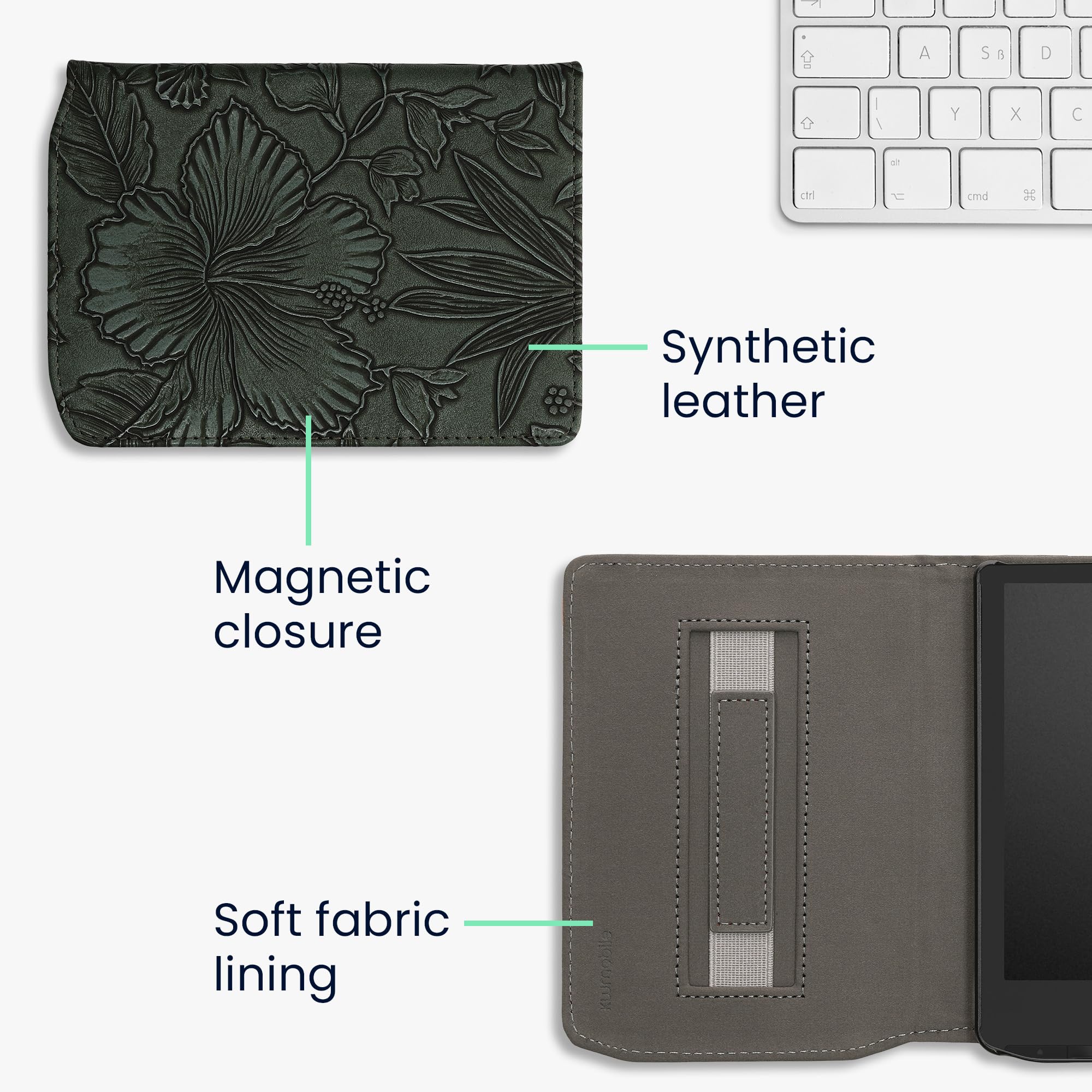 kwmobile Étui Compatible avec Pocketbook Verse/Pro/Color/Vivlio Light/Light HD Coque - Étui à Rabat magnétique Tablette eReader Similicuir avec Sangle - Vert