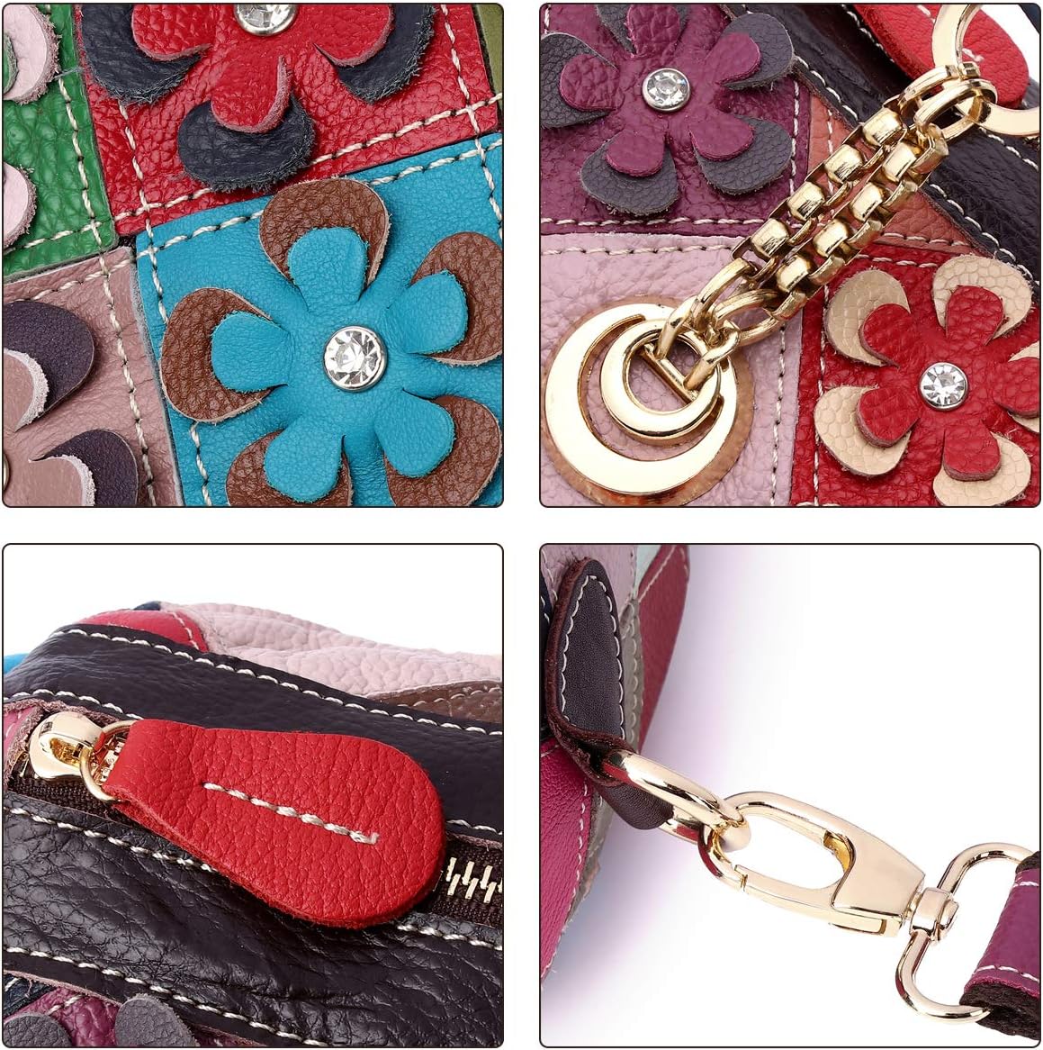 Women’s Multicolor Floral Boston Bag Genuine Leather Splicing Hobo Shoulder Bags