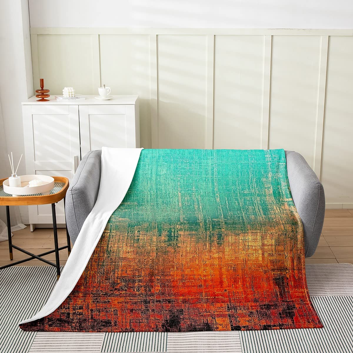 Loussiesd Grunge Abstract Art Bed Throw Blanket Kids Teal and Orange Messy Rust Painting Fleece Throw Blanket Women Men Modern Vintage Retro Fuzzy Blanket Flannel Plush Blanket Single 50x60 Inch