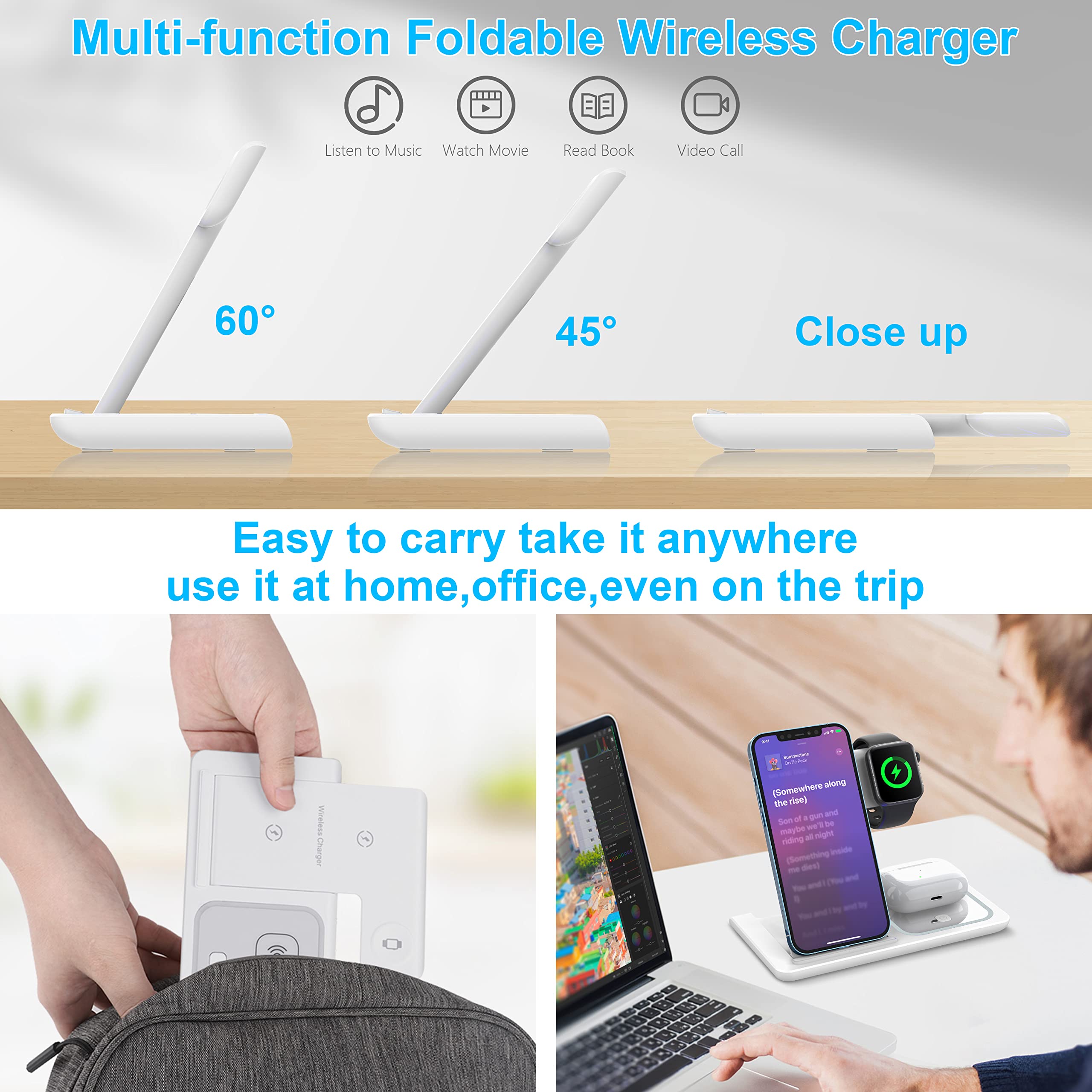 ZEBRE Chargeur à Induction 3 in 1 Chargeur sans Fil Compatible avec iphone 14 13 12 11 Pro Max/Plus/XR XS X Und iwatch Pliable Rapide Station De Recharge Charge Compatible avec Apple Watch/Airpods