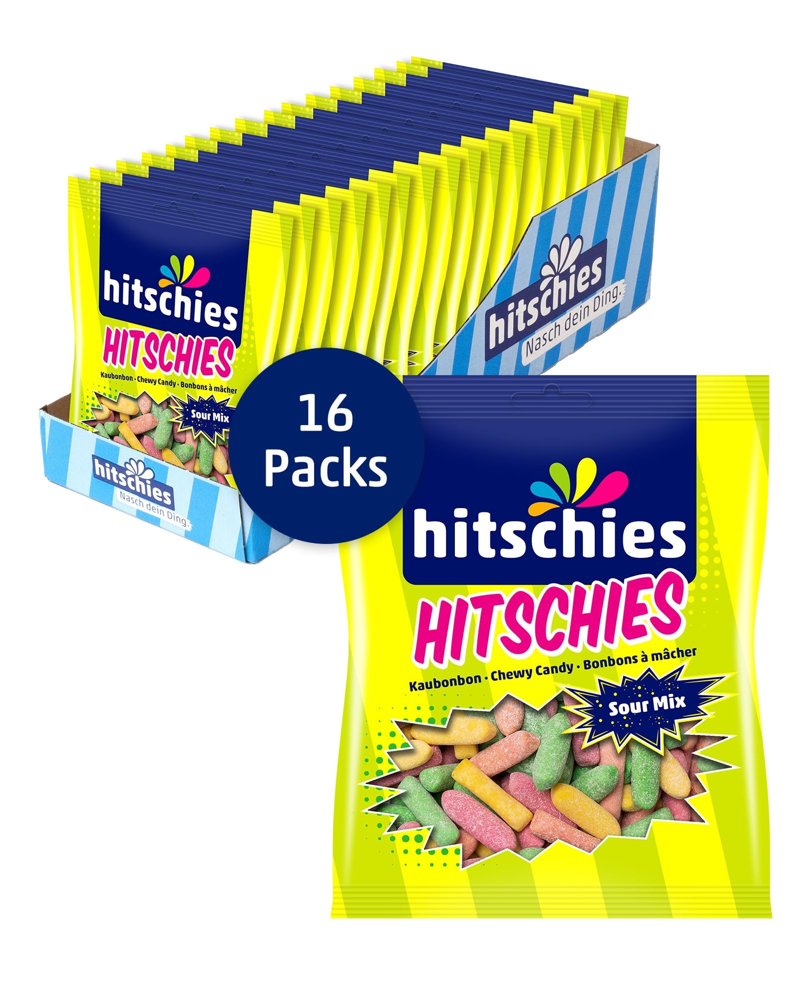 Hitschies Sour Mix - Fruchtig-saure & knackige Kaubonbons mit softem Kern - Erdbeere, Apfel, Aprikose & Zitrone - Glutenfrei & Halal - 16 x 140g