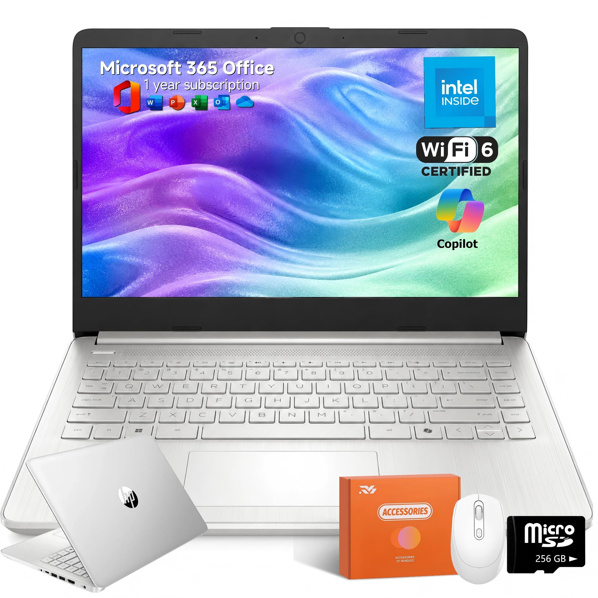 HP 14 Laptop for Students and Home Use, Intel Processor N150, 16GB RAM | 128GB UFS+256GB MSD, 14" HD Display, Wi-Fi 6, 1-Year Microsoft 365, Copilot AI Key, Lightweight, Natural Silver, W/Mouse