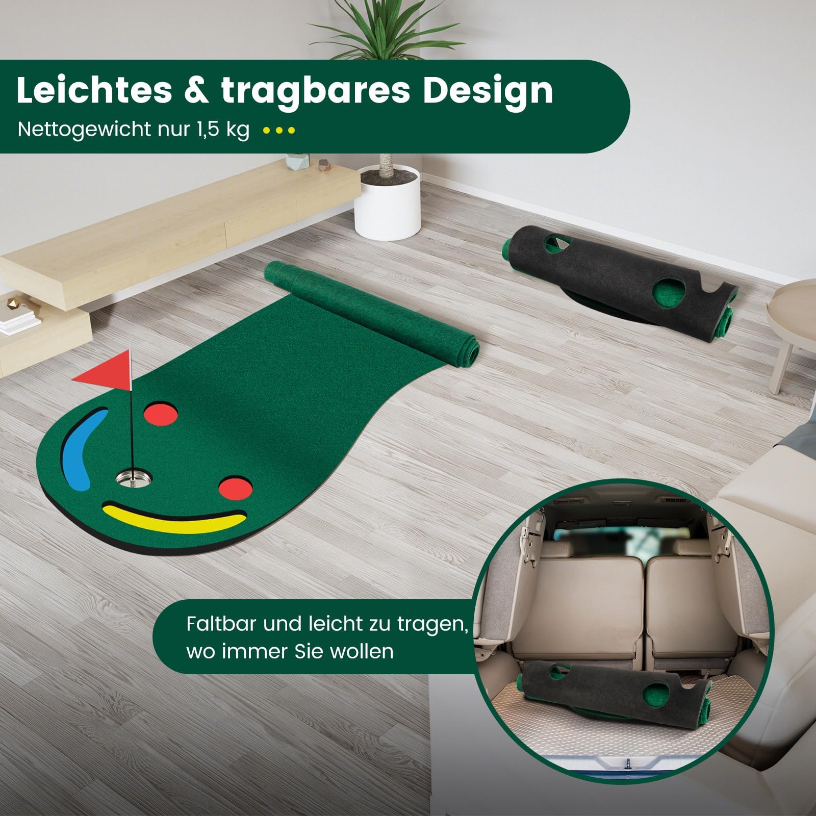 COSTWAY 300 x 96cm Golf Puttingmatte, Putting Green für Indoor & Outdoor, Golfmatte faltbar mit 3 Putting Cups & 1 Fahne, Golf Übungsmatte Trainingsmatte für Zuhause, Büro