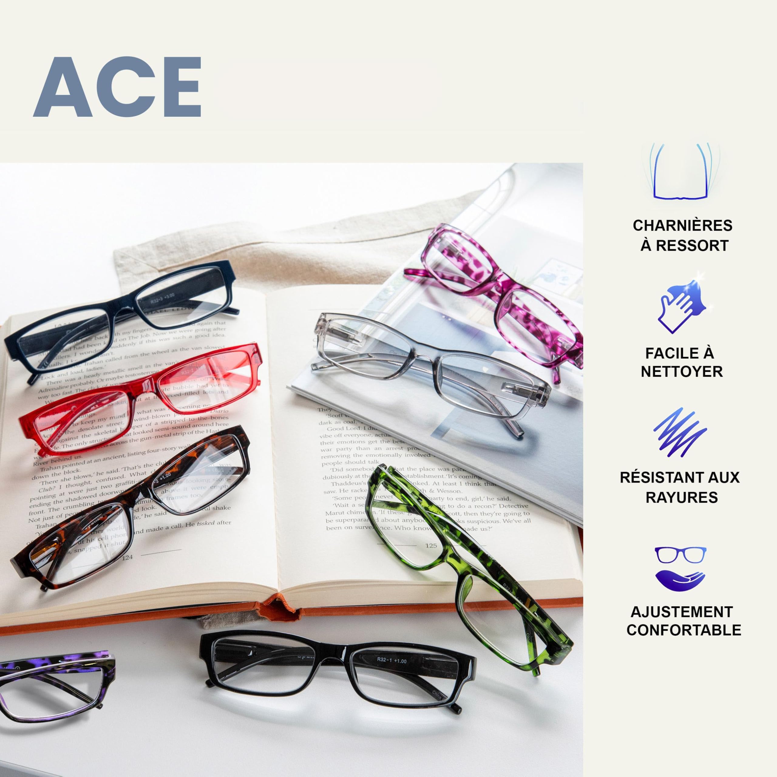 OPULIZE The Reading Glasses Company ACE Lunettes de Lecture Lot de 5 - Monture Étroite - Bleu/Rose/Violet/Vert/Rouge - Modèle Mixte Homme Femme - RRRRR32-3456Z - +2.50 - 5