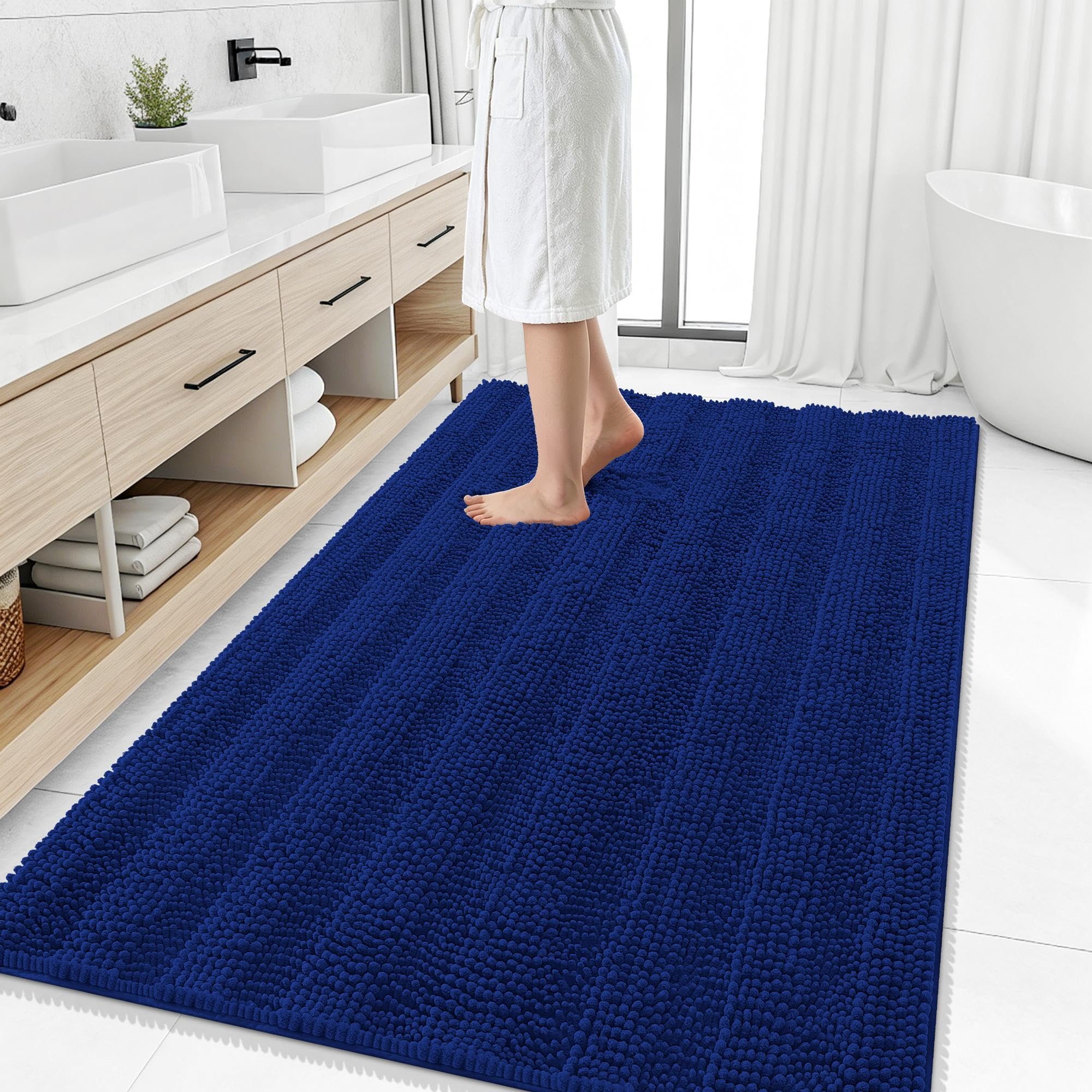 Smiry Thick Chenille Large Bathroom Runner Rugs 59x35, Soft Bath Mat, Navy