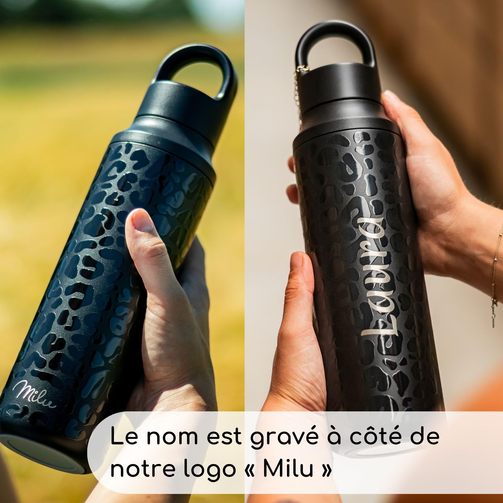 Milu Gourde en acier inoxydable avec gravure 600ml, 750ml - Idée cadeau personnalisée avec nom de Noël pour hommes, femmes, maman, papa, petite amie (750ml + gravure)