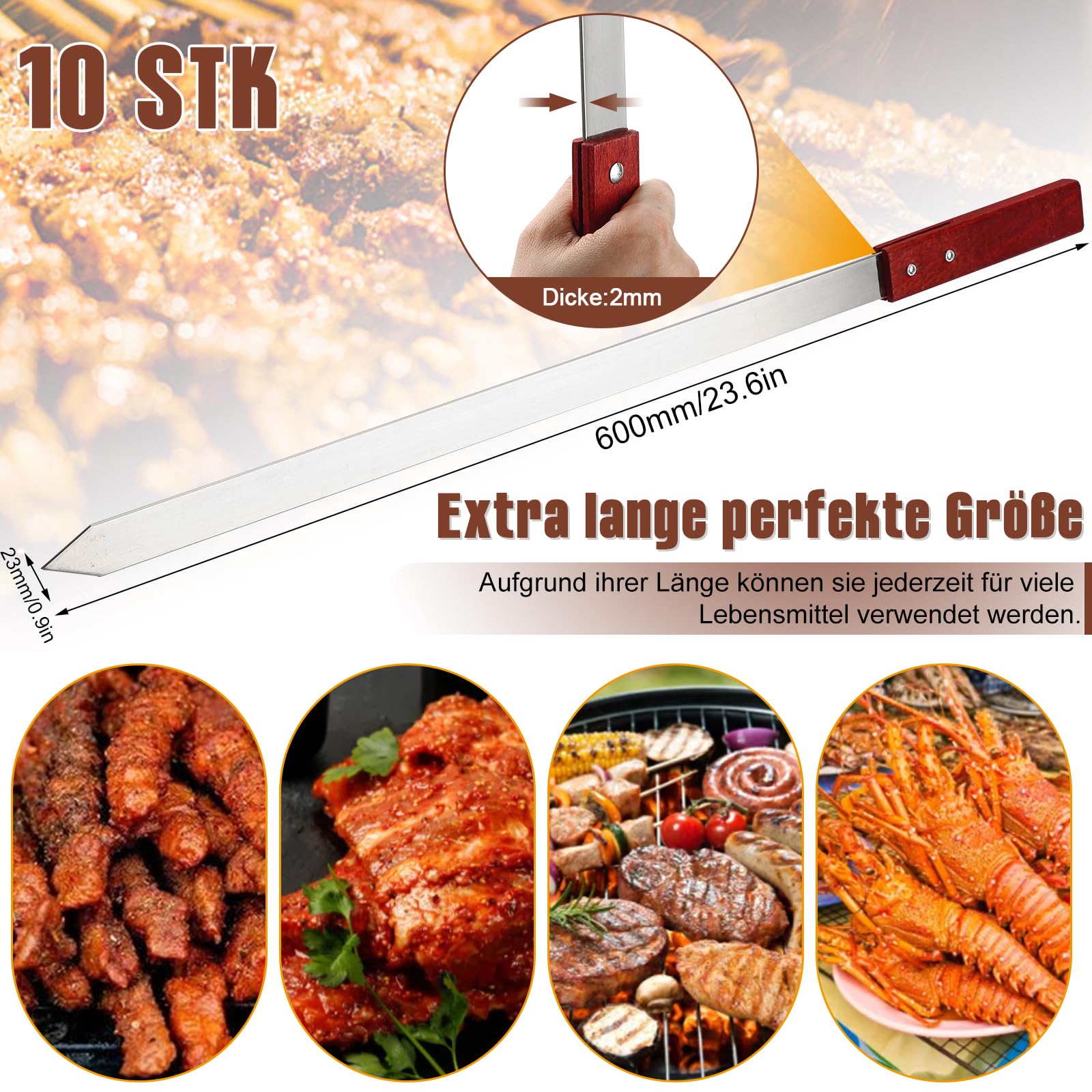 10 Stücke Flache Grillspießen Edelstahl mit Holzgriffen，60cm Schaschlikspieße Wiederverwendbar, Adana Kebab Spieße Grillzubehör für Grillbesteck