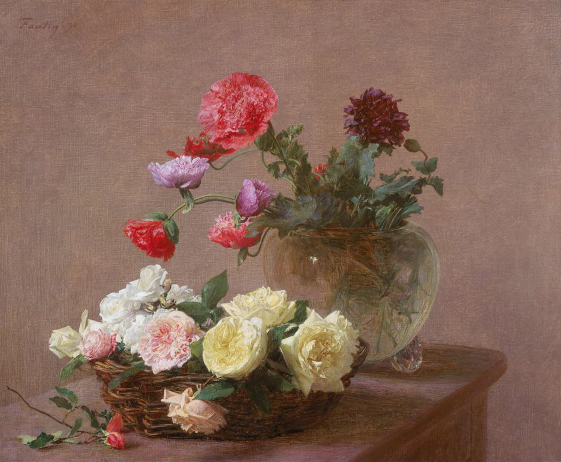 ARTXLXXBN Famous Art Print Poster Vintage Wall Art in a Vase or Basket of Roses by Ignace Henri Jean Fantin Latour Canvas Art Poster for Home Decor 60x90cm