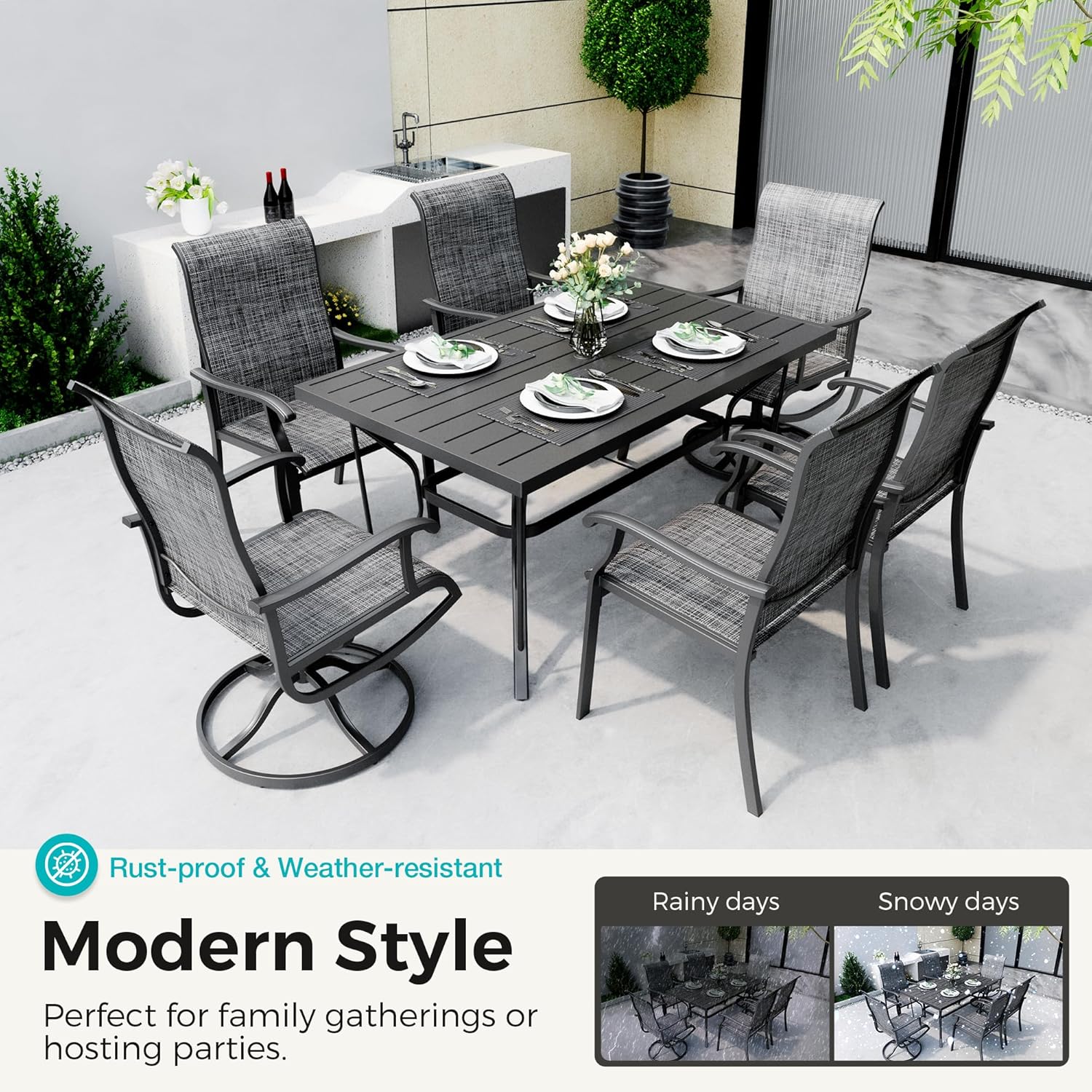 Pamapic 7-Piece Outdoor Dining Set, Patio Dining Set for 6, All-Weather Outdoor Patio Set with 2 Textilene Swivel Chairs & 4 Regular Chairs for Garden, Poolside, Deck，Gray
