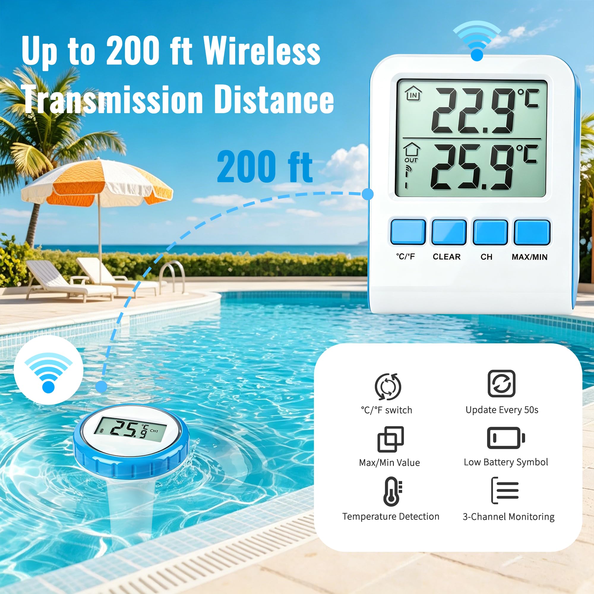 Thermomètre numérique sans fil pour piscine, thermomètre flottant, étanche IPX8, thermomètre à 3 canaux pour piscines, baignoires, aquariums, jacuzzis et spas, utilisable en intérieur et en extérieur