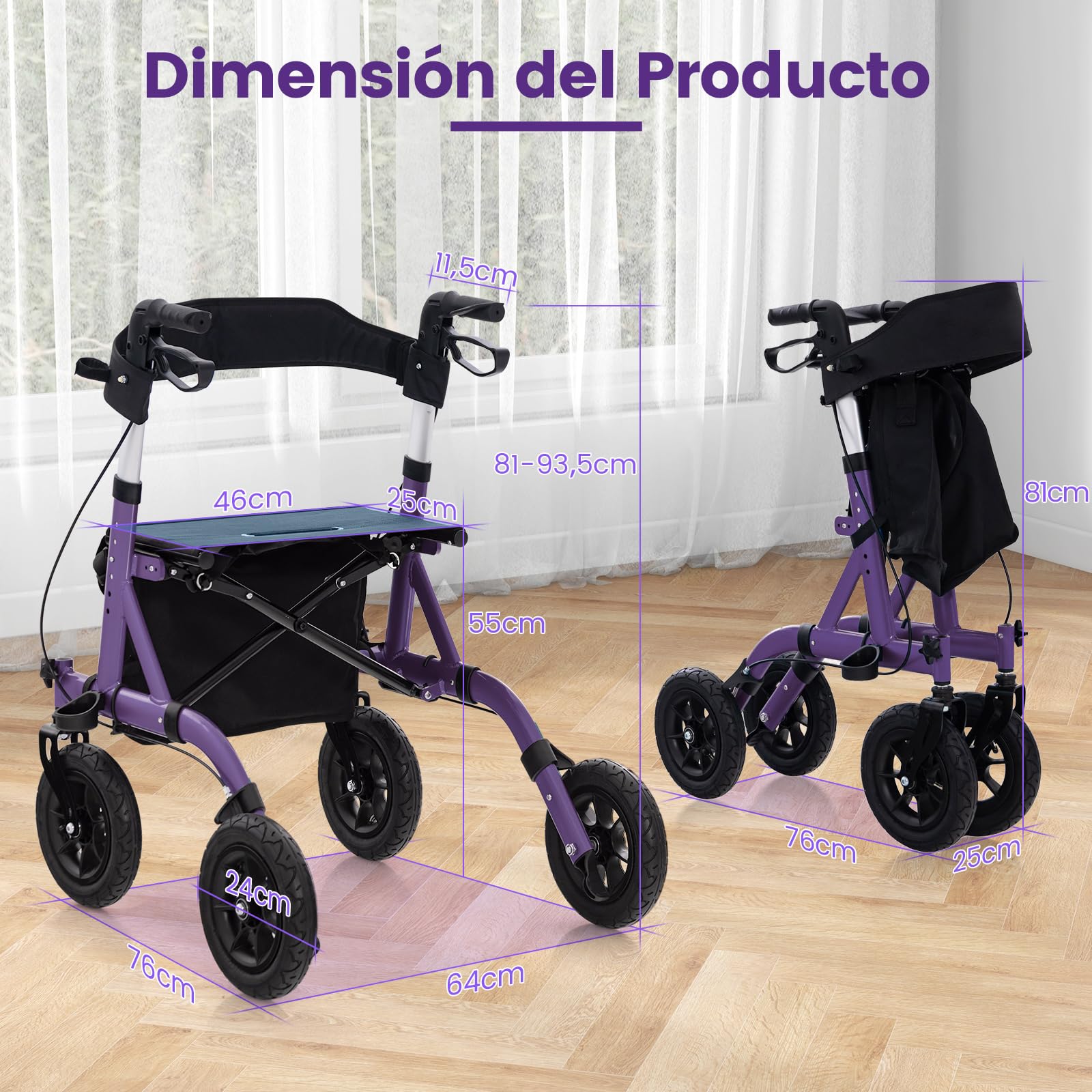 COSTWAY Andador Plegable para Ancianos con Asiento, Andadores Adultos con Ruedas Ajustable en Altura, Rueda Neumática Todo Terreno de 24 cm, Bolsa de Almacenamiento, Capacidad 160 kg (Morado)