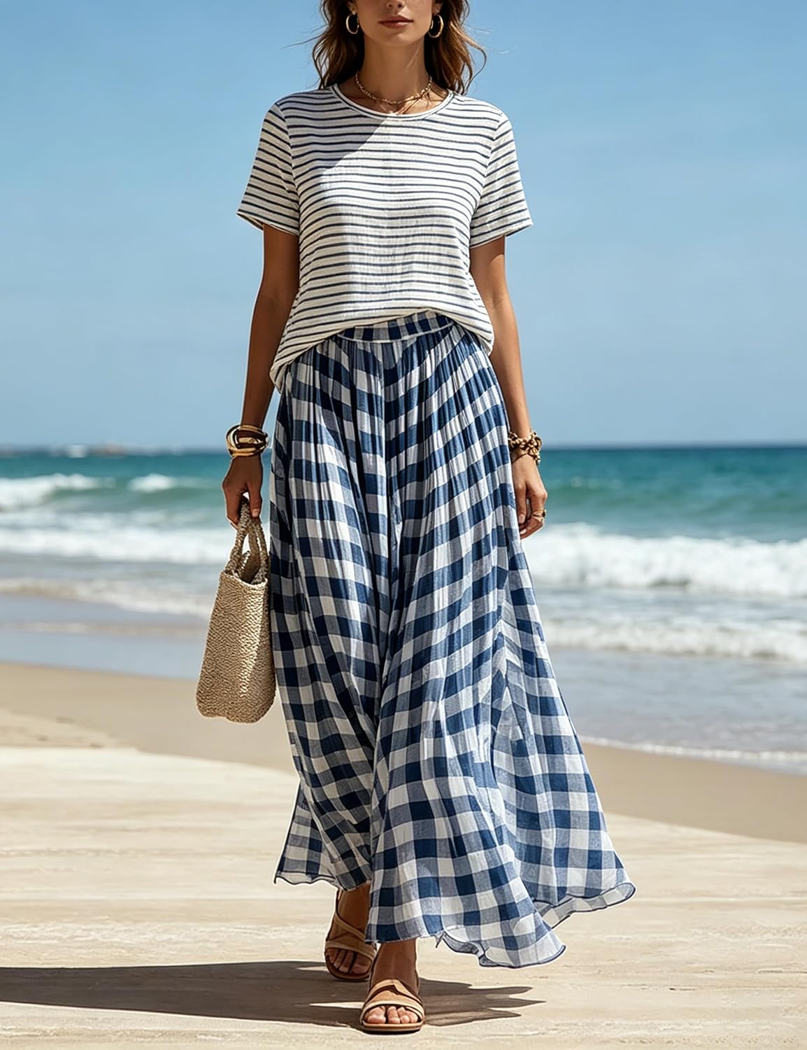 Mansy Women's Gingham Maxi Skirt Chiffon Elastic High Waist Pleated Flowy Casual Summer Checkered Plaid Long Skirt