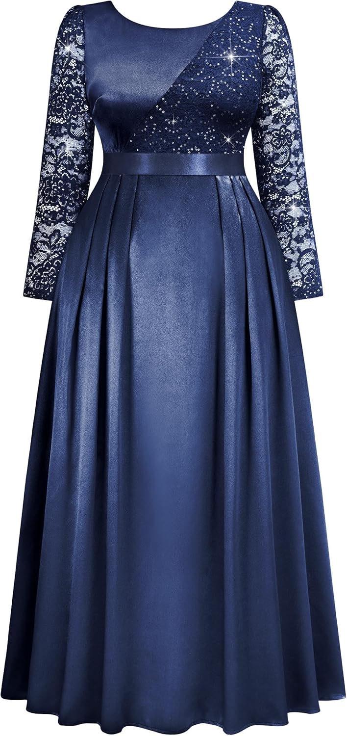 MISSMAY Women's Plus Sequin Lace with Satin Long Sleeves Formal Evening Prom Dresses - Image 5