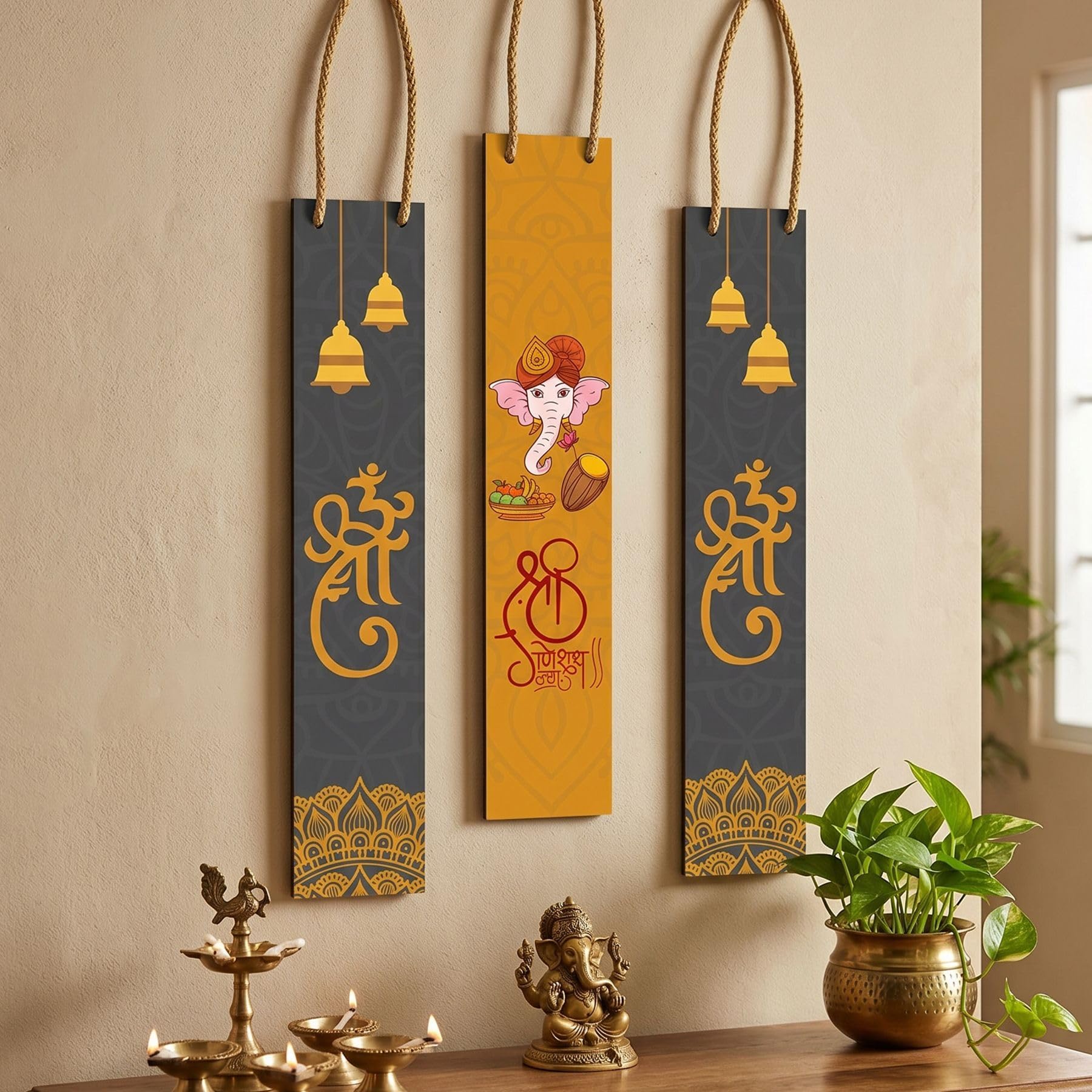 TIED RIBBONS 3 Pcs Ganesh Chaturthi Ganesha Wall Hanging MDF | Door Decor for Pooja Room, Navratri, Mandir Entrance, Ganesh Chaturthi Decoration, Diwali Decorations, Wall Decor for Home and Office