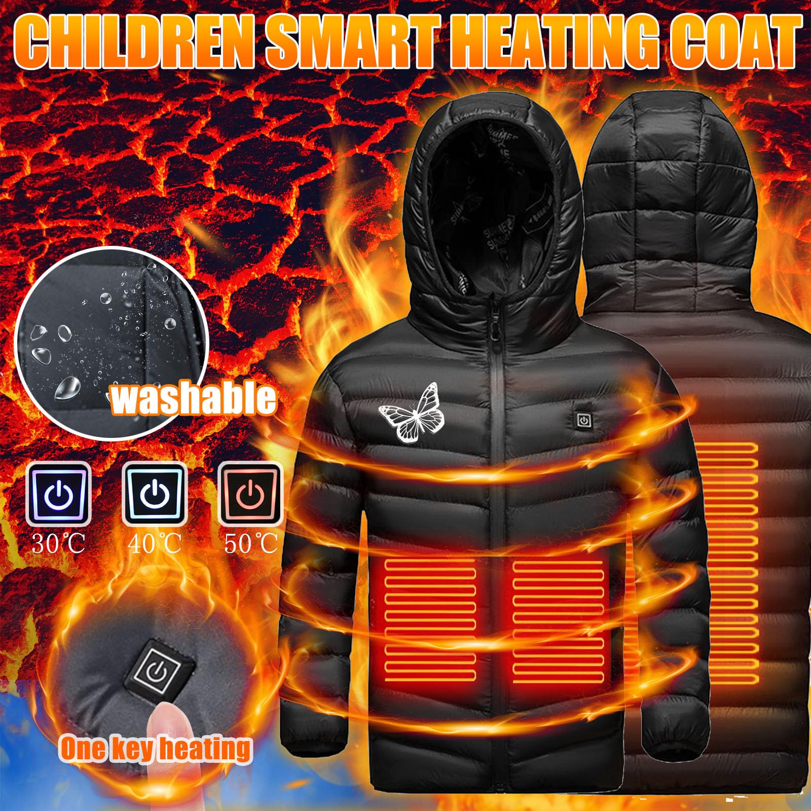 Veste Chauffant Enfants USB Garçons Filles Manteau Doudoune Chauffant avec 3 Zones de Chauffage avec Manches Longues et Capuche pour Camping Coupe-Vent Imperméable Ski