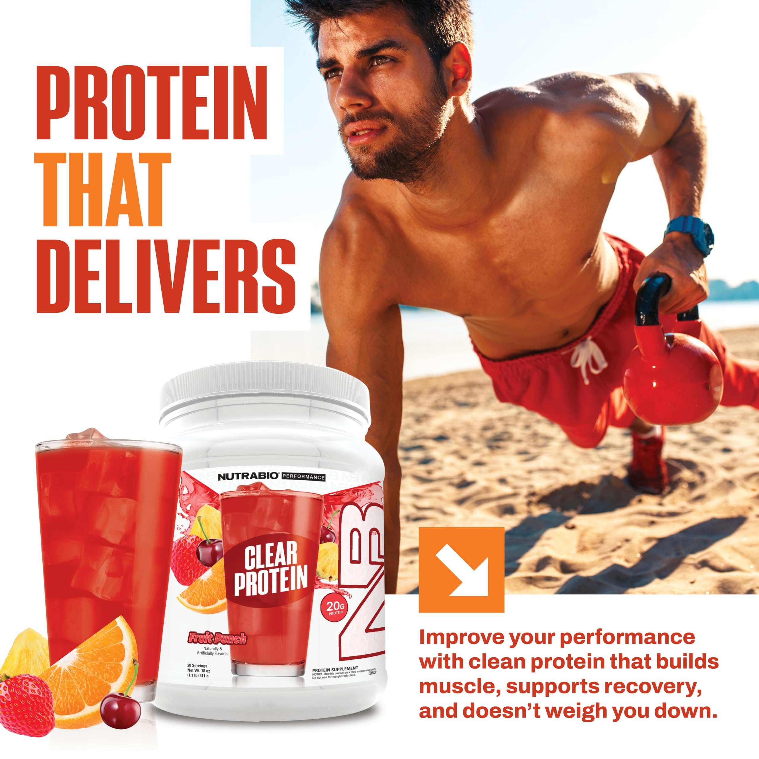 NutraBio Clear Protein Powder, Fruit Punch - 20 Servings, 20g Clear Whey Protein Isolate, 0 Sugar, 0g Lactose, Refreshing Fruit Flavors, GLP1 Support - Bone Health - Muscle Post Workout Recovery