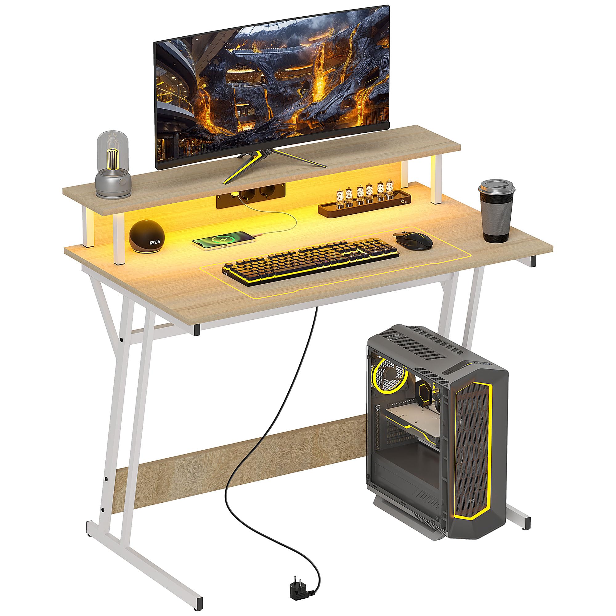 HOMCOM Mesa Gaming con Luces LED 100x60 cm Escritorio Gaming Mesa Gamer con Tomas de Corriente Soporte para Monitor Estantes y Control Remoto para Oficina Estudio Natural