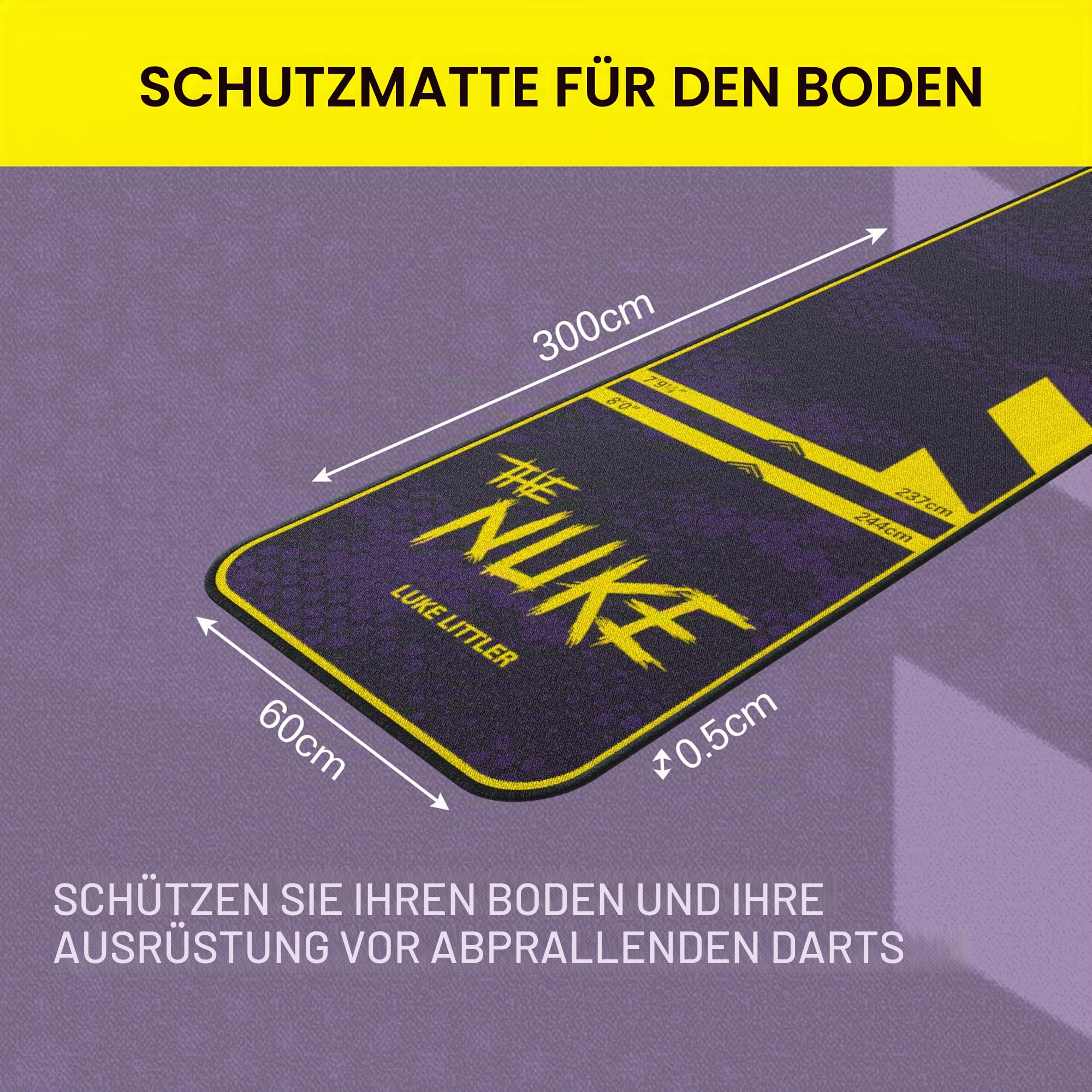 TARGET Darts Luke Littler Dartmatte, The Nuke Darts Matte | Dart Oche Matte mit Soft- und Steeldarts Wurflinienabstände | rutschfeste Teppichmatten für Boden und Dartspitzen Schutz