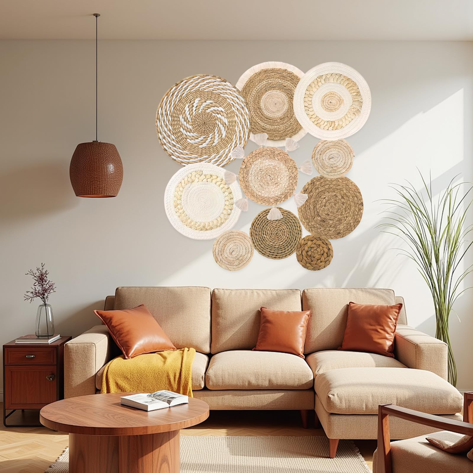 DecorDwell - Cesta de pared bohemia a mano, mimbre, decoración de pared, de ratán redondo, de ratán redondo, decoración de pared, conjuntos de mesa para comedor, dormitorio, oficina (paquete de 10)