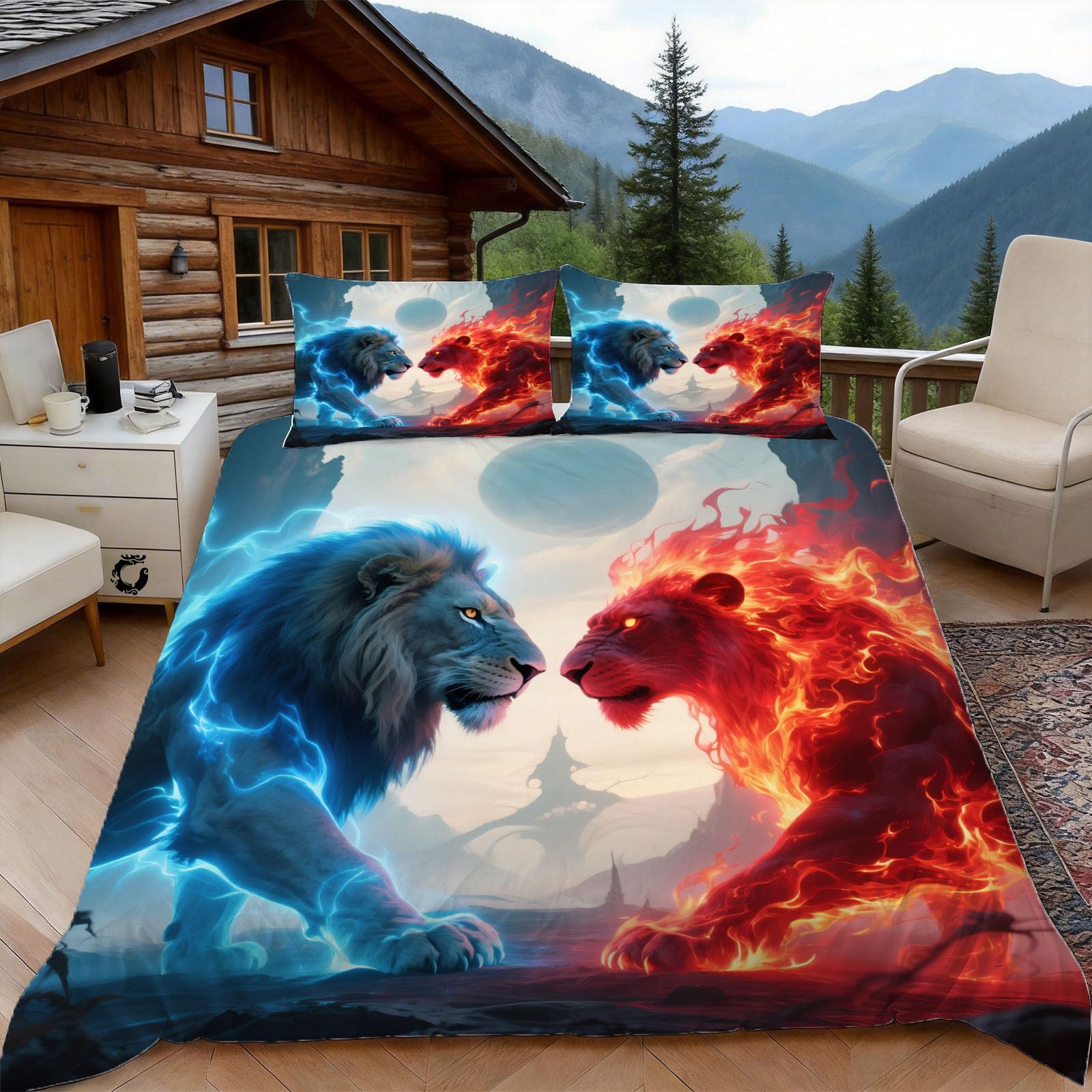 Housse de couette 220x240 lion feu et eau facile à enfiler et laver