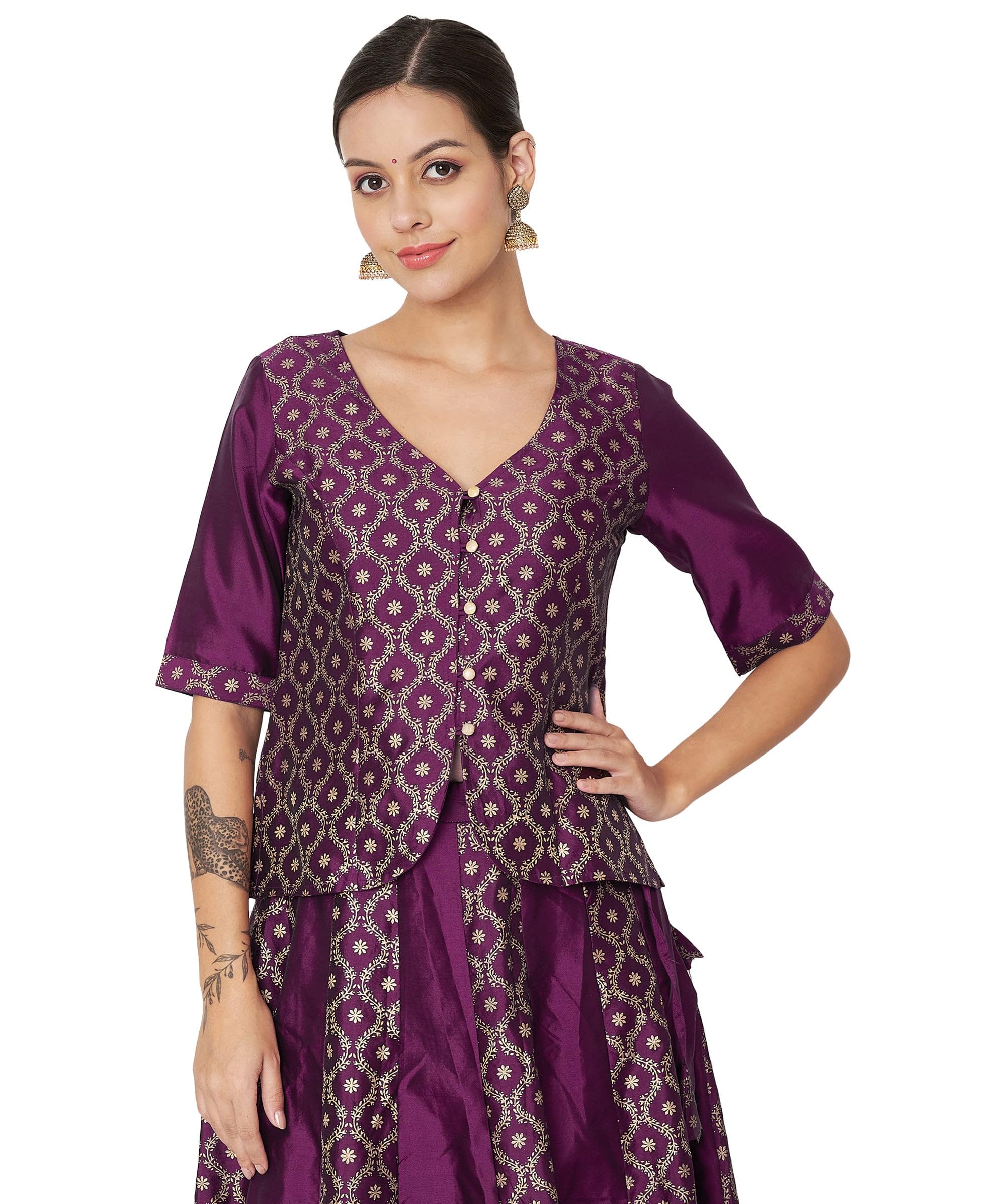 studio rasa Women's Silk Blend Block Printed Button Down Top for Wedding Festive Party-picture-22