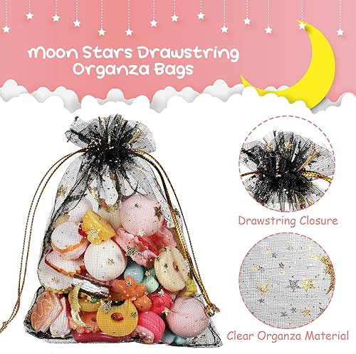 Miniatura 3 de Shappy 150 bolsas de organza con cordón y estrellas de luna, bolsas de regalo de joyería, bolsas de organza con estrellas doradas para Navidad,