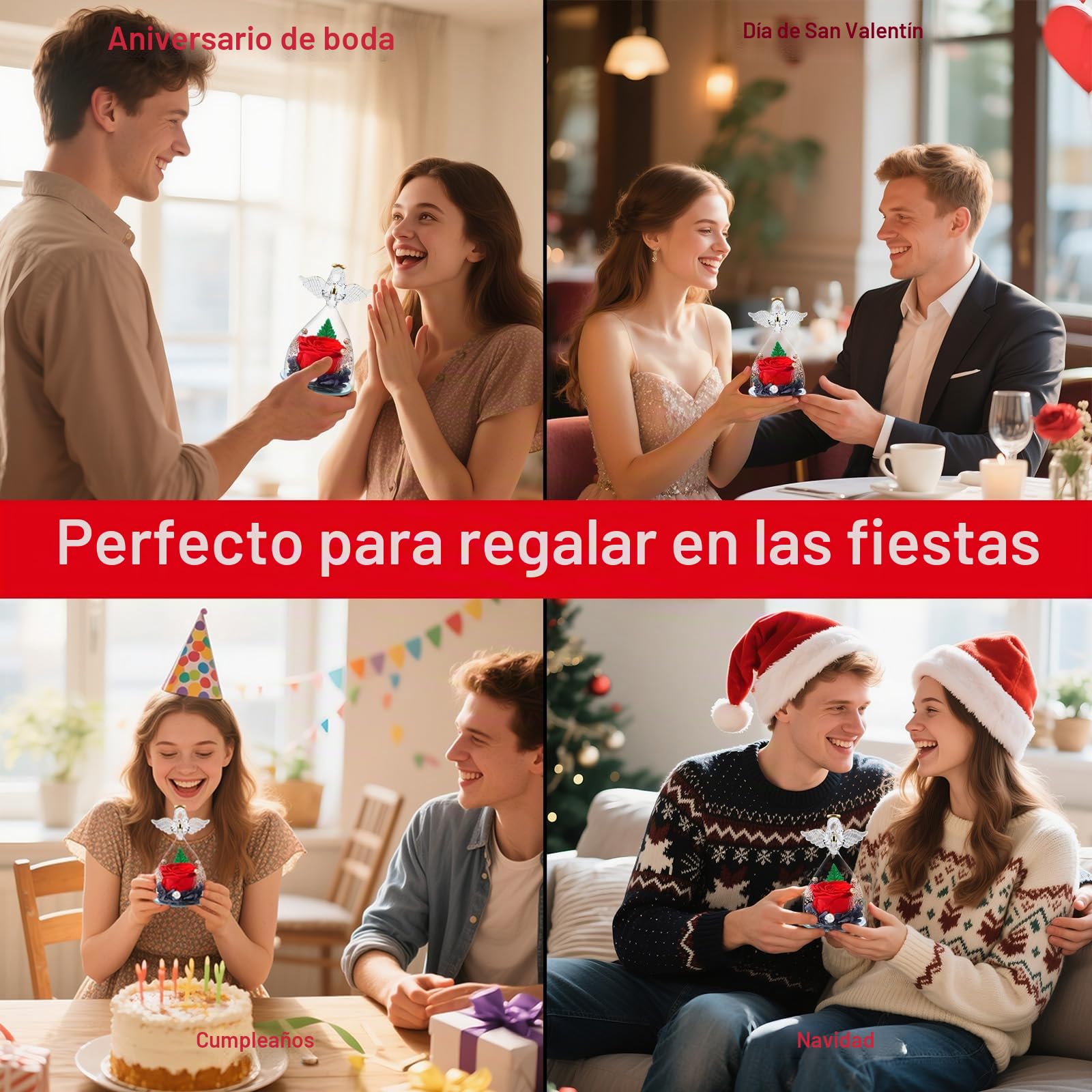 Regalos de Angel Rosa Eterno para Mujeres, Regalos Originales para Madres, Rosas Preservadas en Figuras de Angel de Vidrio, Angeles de Flores para Mamá, Abuela, Esposa, Hermana, Novia (Rojo)