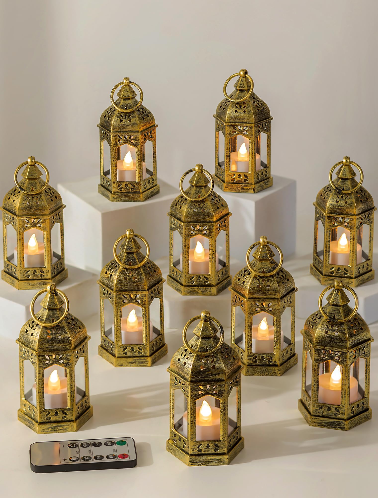 Candle Lantern with Remote Control & Timer: 10pcs Gold LED Mini Lanterns Vintage Moroccan Style Battery Operated for Wedding Christmas Ramadan Halloween Party Table Decor