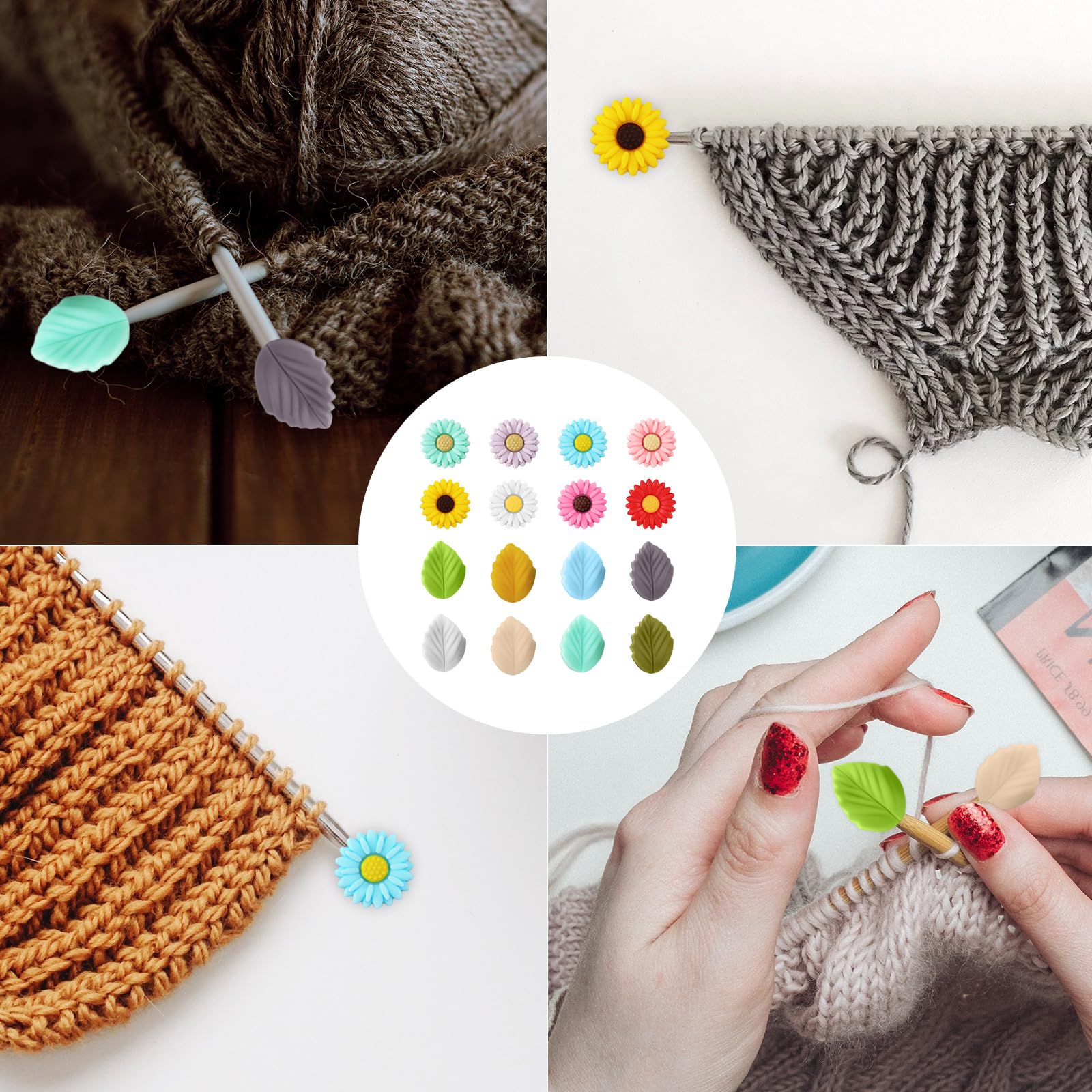 16 Pezzi Tappi Per Ferri Da Maglia In Silicone - Design A Foglia E Margherita - Protezione Punte Per Lavori A Maglia